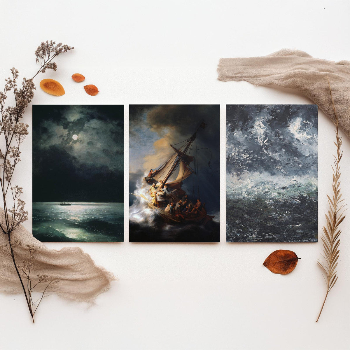 Rembrandt Storm on the Sea of Galilee Set of Three Art Prints - Dramatic Seascape Painting Poster