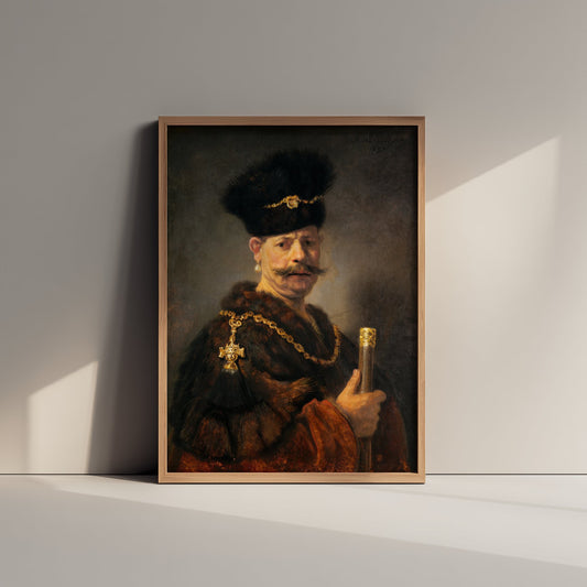 Rembrandt van Rijn - A Polish Nobleman (1637) - Classic Painting Art Print - Fur Hat Gold Chain Moustache Dutch Golden Age Poster