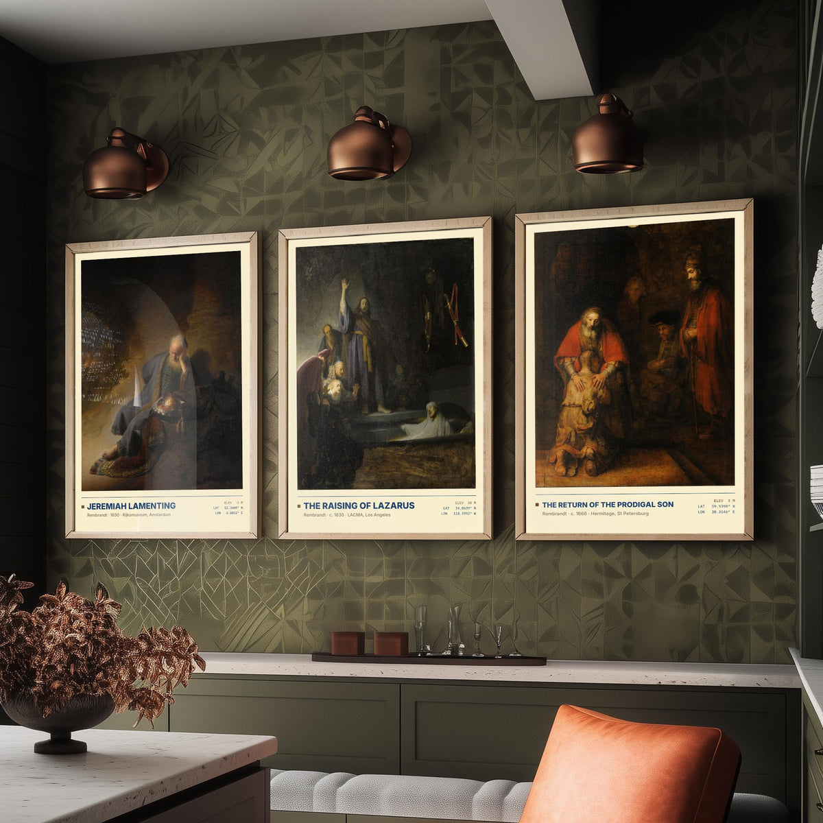 Rembrandt Bible Scenes Set of Three Art Prints - Jeremiah, Raising of Lazarus, Prodigal Son - Baroque Gallery Posters - Dutch Paintings