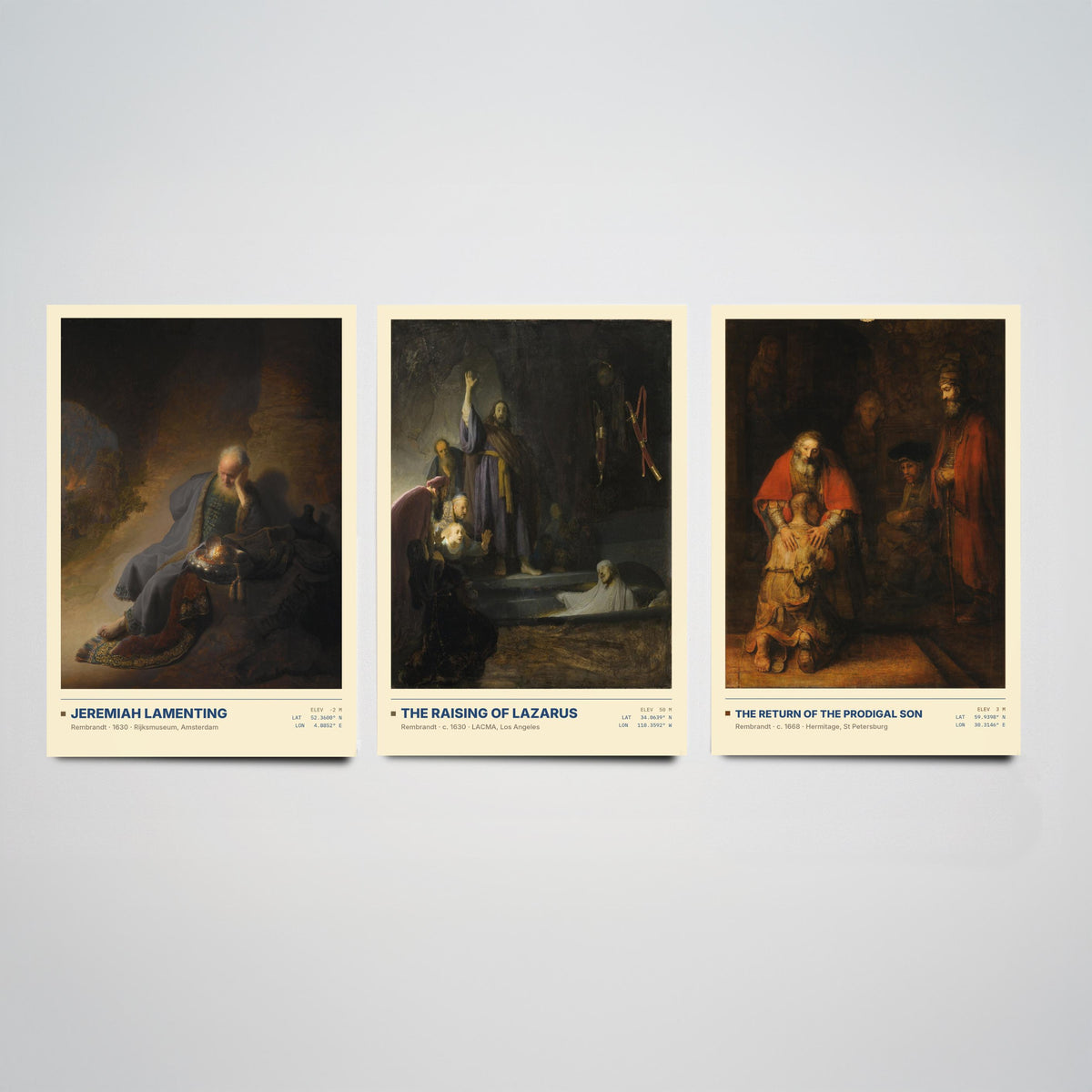 Rembrandt Bible Scenes Set of Three Art Prints - Jeremiah, Raising of Lazarus, Prodigal Son - Baroque Gallery Posters - Dutch Paintings