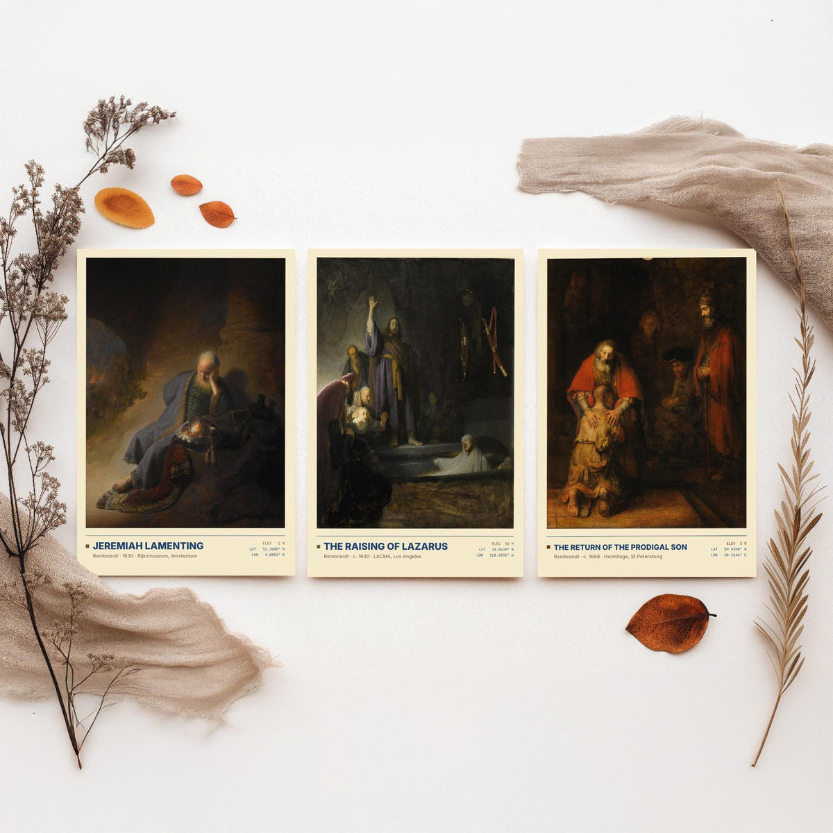Rembrandt Bible Scenes Set of Three Art Prints - Jeremiah, Raising of Lazarus, Prodigal Son - Baroque Gallery Posters - Dutch Paintings