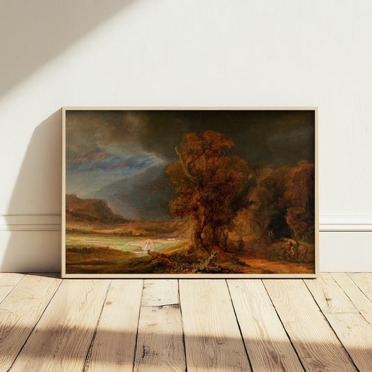 Rembrandt van Rijn - Landscape with the Good Samaritan (1638) - Classic Painting Art Print - Stormy Sky Autumn Trees Parable Poster