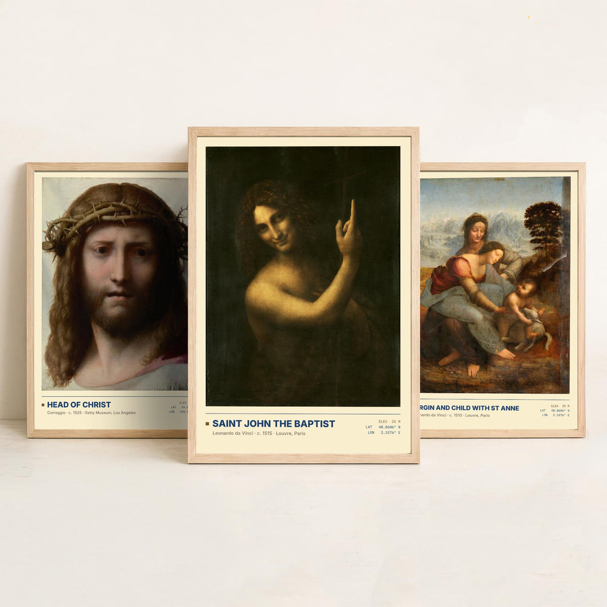 Renaissance Devotion Set of Three Art Prints - Head of Christ, Virgin and Child with St Anne, Saint John - Leonardo Posters - Paintings