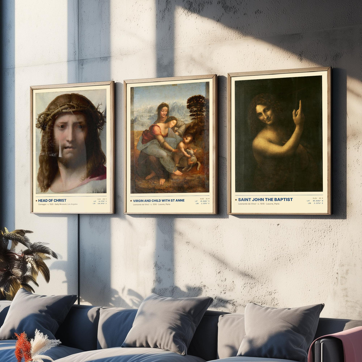 Renaissance Devotion Set of Three Art Prints - Head of Christ, Virgin and Child with St Anne, Saint John - Leonardo Posters - Paintings