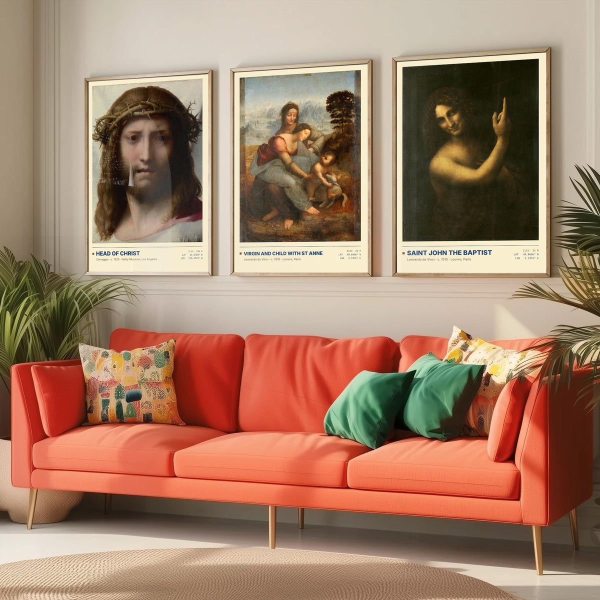Renaissance Devotion Set of Three Art Prints - Head of Christ, Virgin and Child with St Anne, Saint John - Leonardo Posters - Paintings