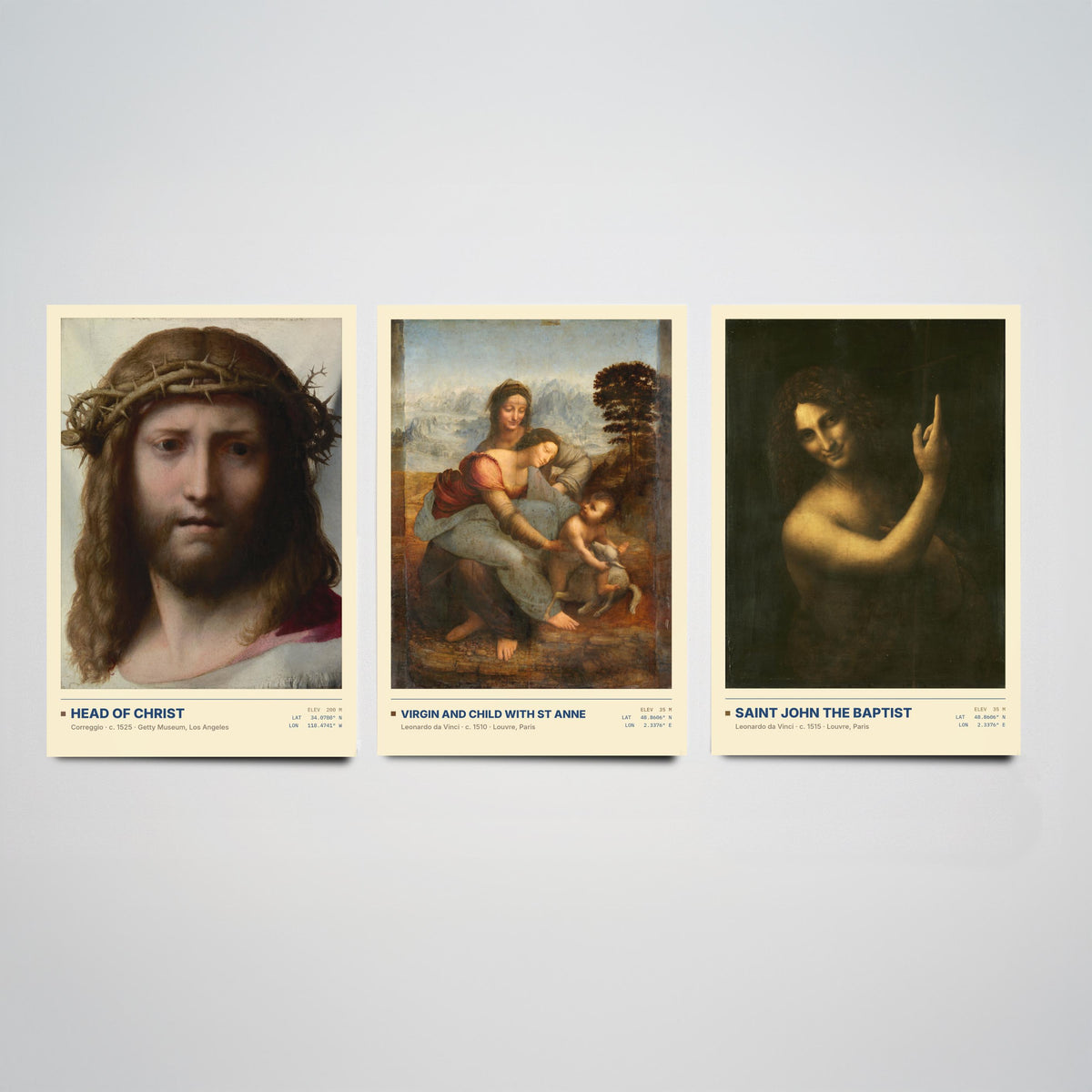 Renaissance Devotion Set of Three Art Prints - Head of Christ, Virgin and Child with St Anne, Saint John - Leonardo Posters - Paintings