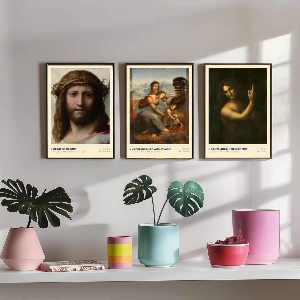 Renaissance Devotion Set of Three Art Prints - Head of Christ, Virgin and Child with St Anne, Saint John - Leonardo Posters - Paintings