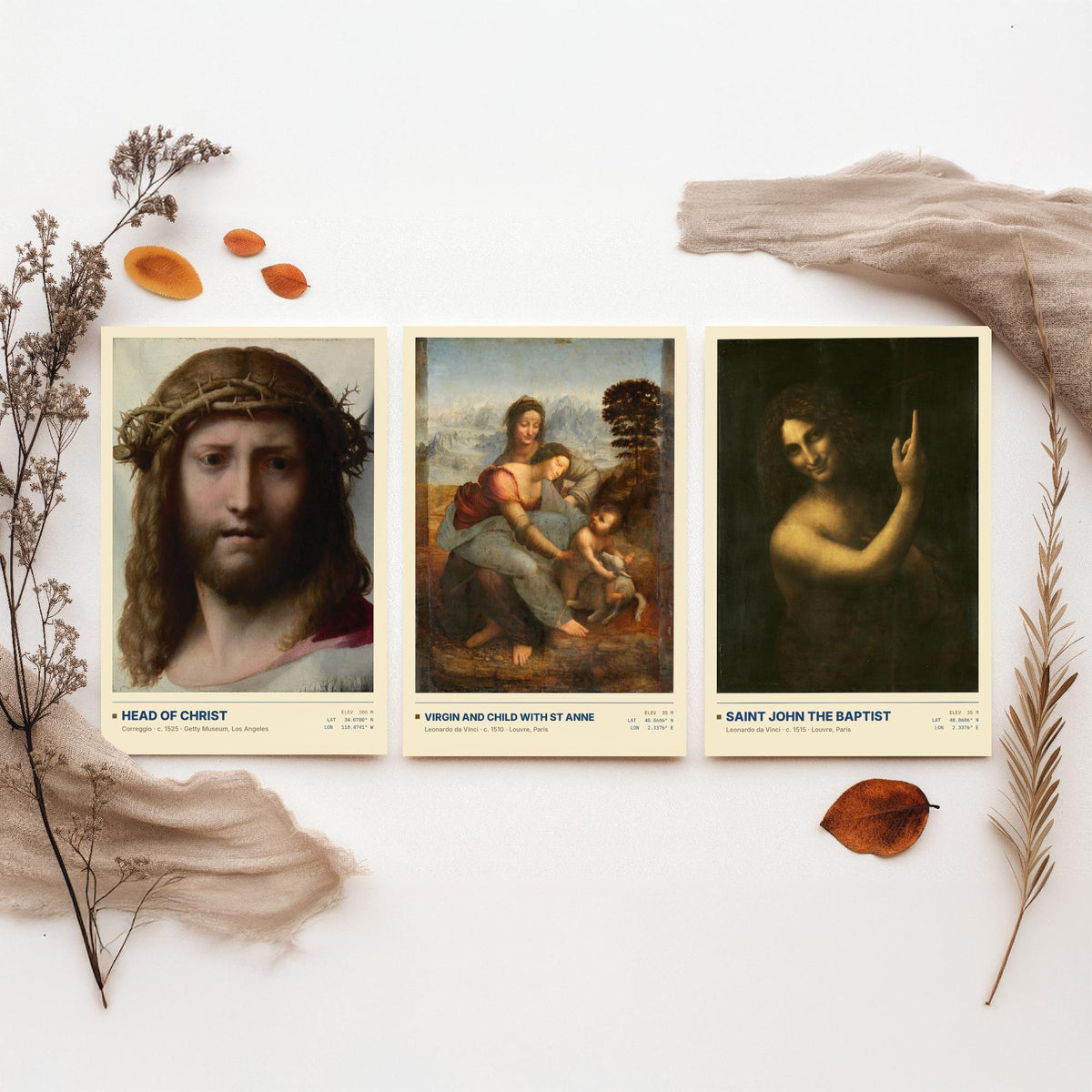 Renaissance Devotion Set of Three Art Prints - Head of Christ, Virgin and Child with St Anne, Saint John - Leonardo Posters - Paintings