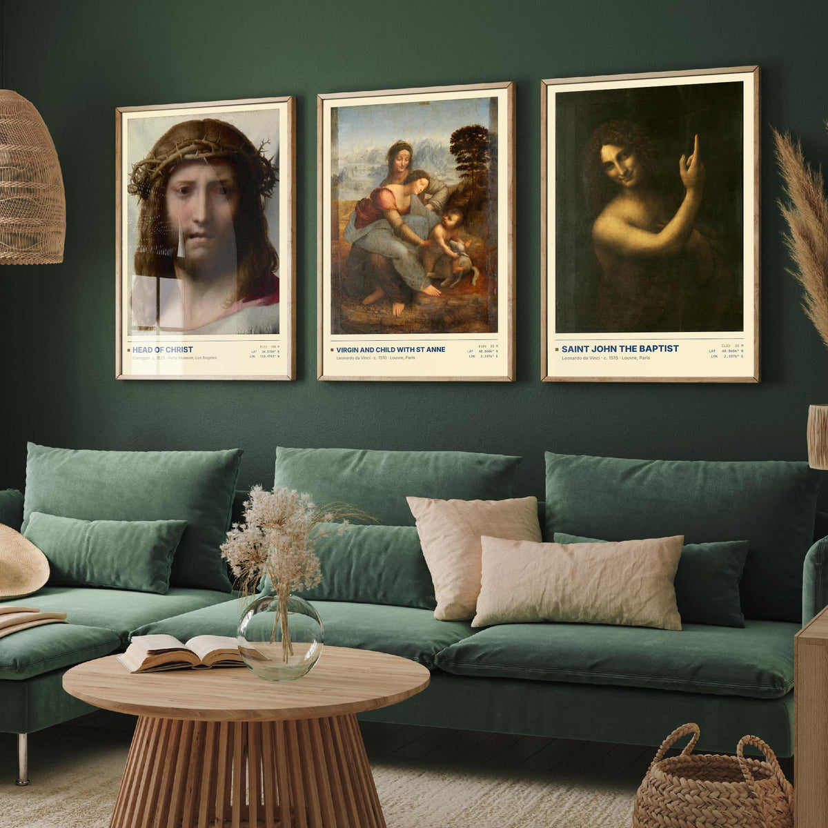 Renaissance Devotion Set of Three Art Prints - Head of Christ, Virgin and Child with St Anne, Saint John - Leonardo Posters - Paintings