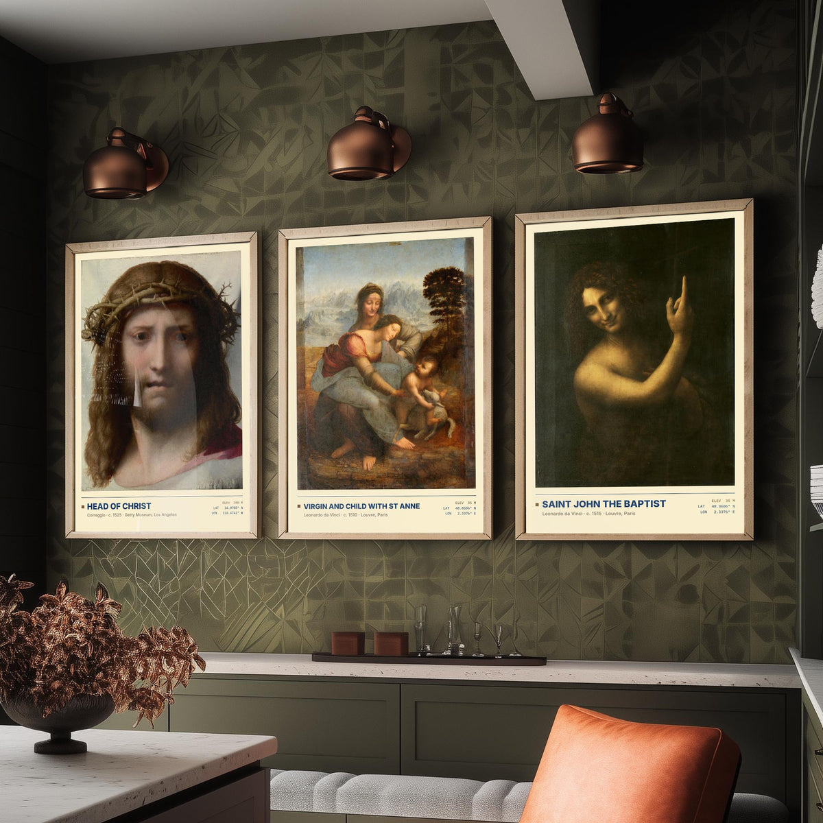 Renaissance Devotion Set of Three Art Prints - Head of Christ, Virgin and Child with St Anne, Saint John - Leonardo Posters - Paintings