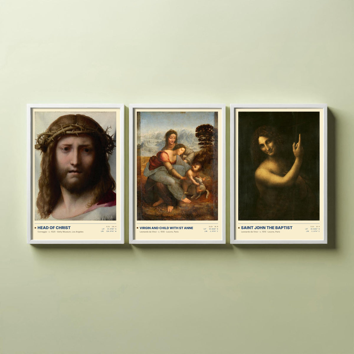 Renaissance Devotion Set of Three Art Prints - Head of Christ, Virgin and Child with St Anne, Saint John - Leonardo Posters - Paintings