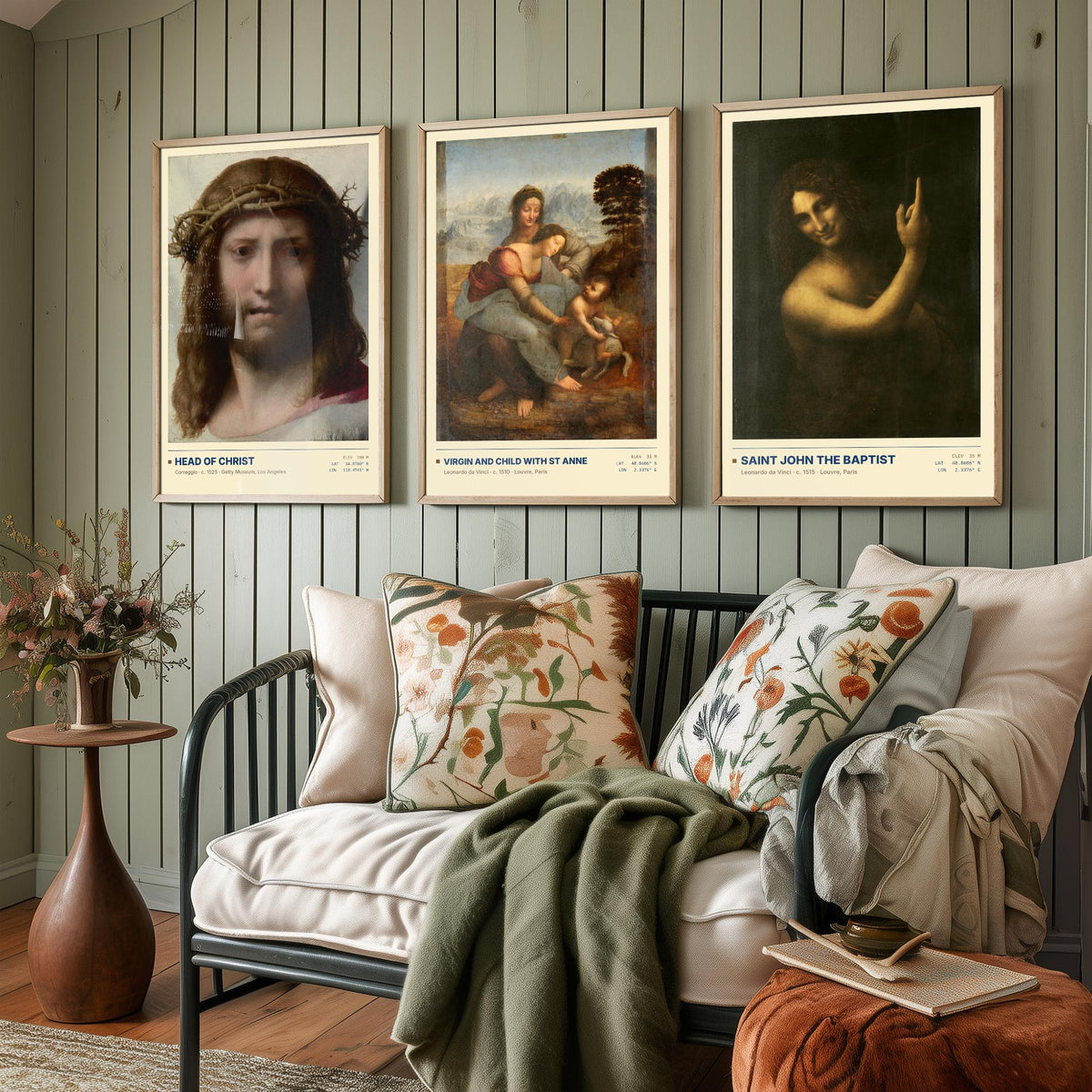 Renaissance Devotion Set of Three Art Prints - Head of Christ, Virgin and Child with St Anne, Saint John - Leonardo Posters - Paintings