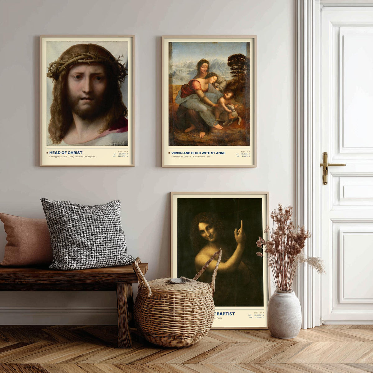 Renaissance Devotion Set of Three Art Prints - Head of Christ, Virgin and Child with St Anne, Saint John - Leonardo Posters - Paintings