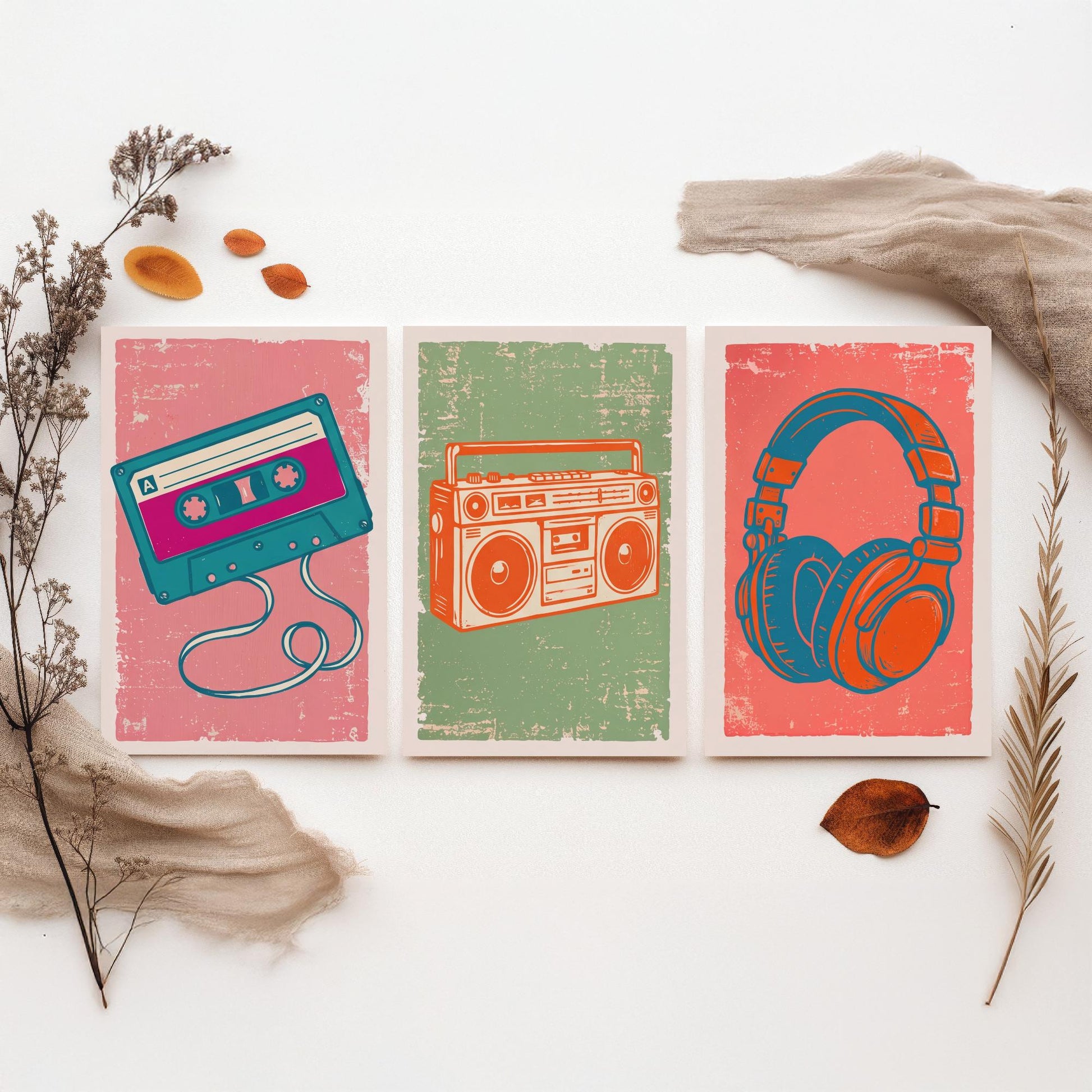 Set of Three Retro Audio Art Prints - Cassette Tape, Boombox & Headphones - Linocut Style Illustrations - Music Posters V2