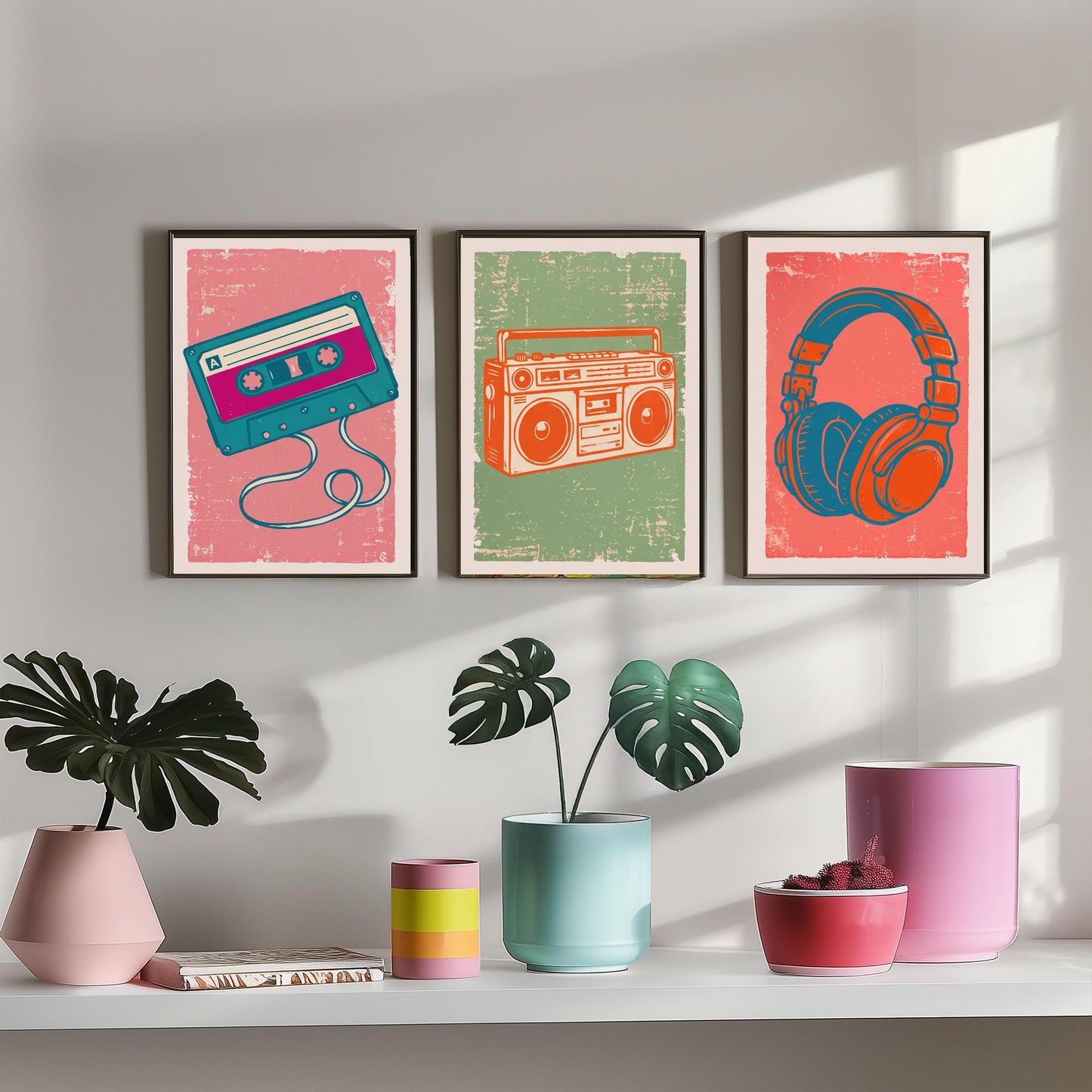 Set of Three Retro Audio Art Prints - Cassette Tape, Boombox & Headphones - Linocut Style Illustrations - Music Posters V2