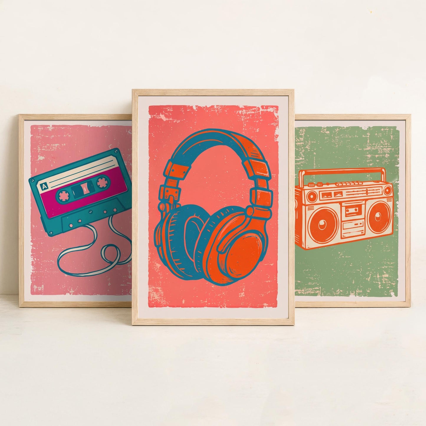 Set of Three Retro Audio Art Prints - Cassette Tape, Boombox & Headphones - Linocut Style Illustrations - Music Posters V2