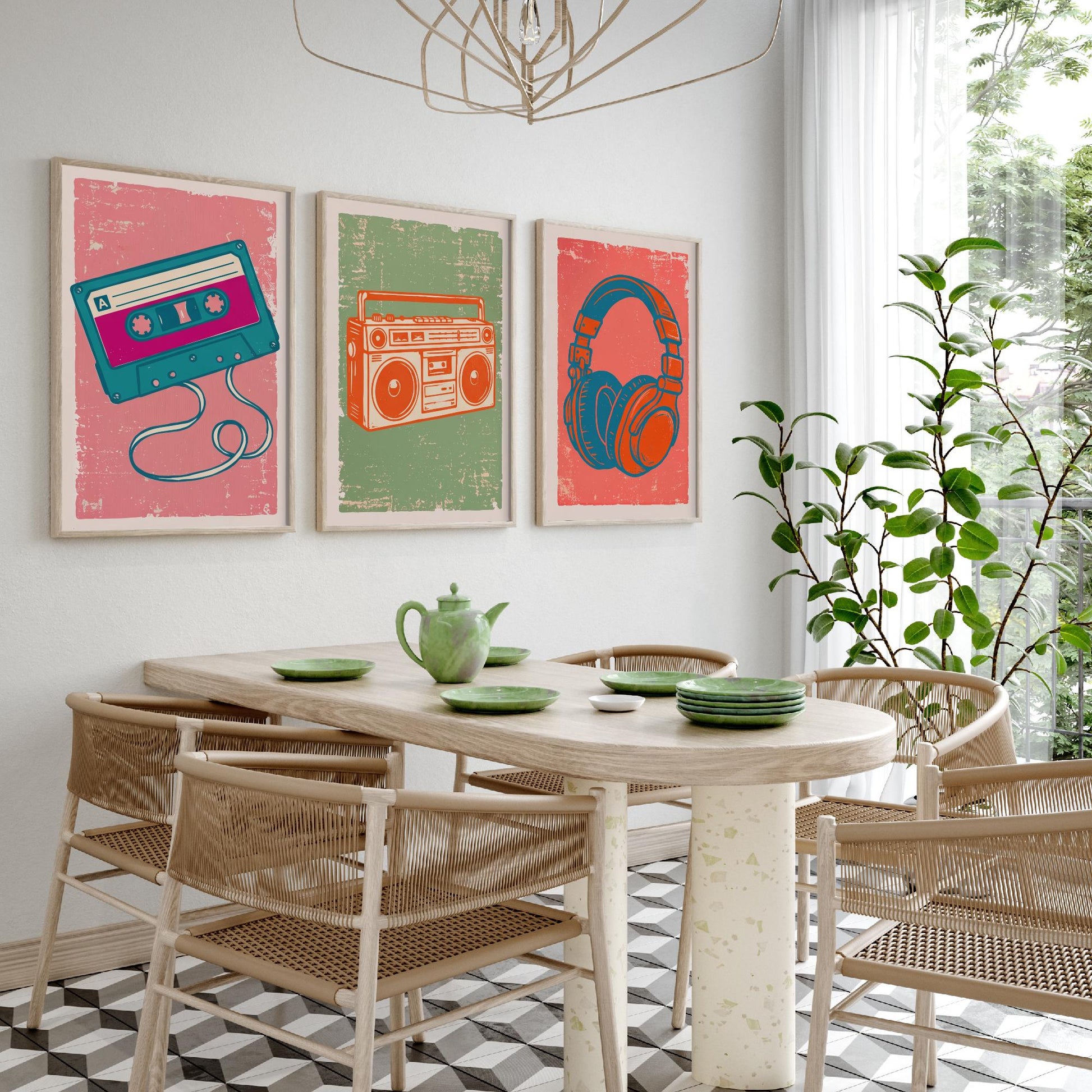 Set of Three Retro Audio Art Prints - Cassette Tape, Boombox & Headphones - Linocut Style Illustrations - Music Posters V2