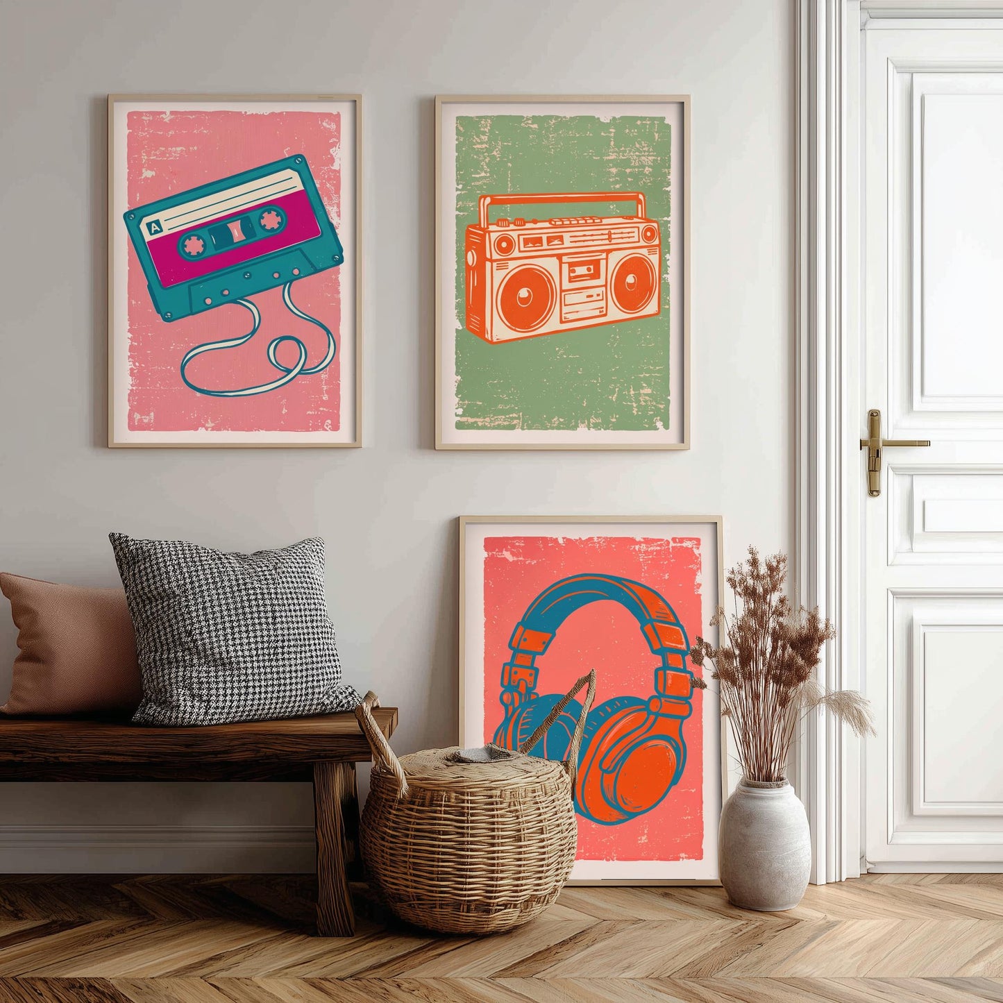 Set of Three Retro Audio Art Prints - Cassette Tape, Boombox & Headphones - Linocut Style Illustrations - Music Posters V2