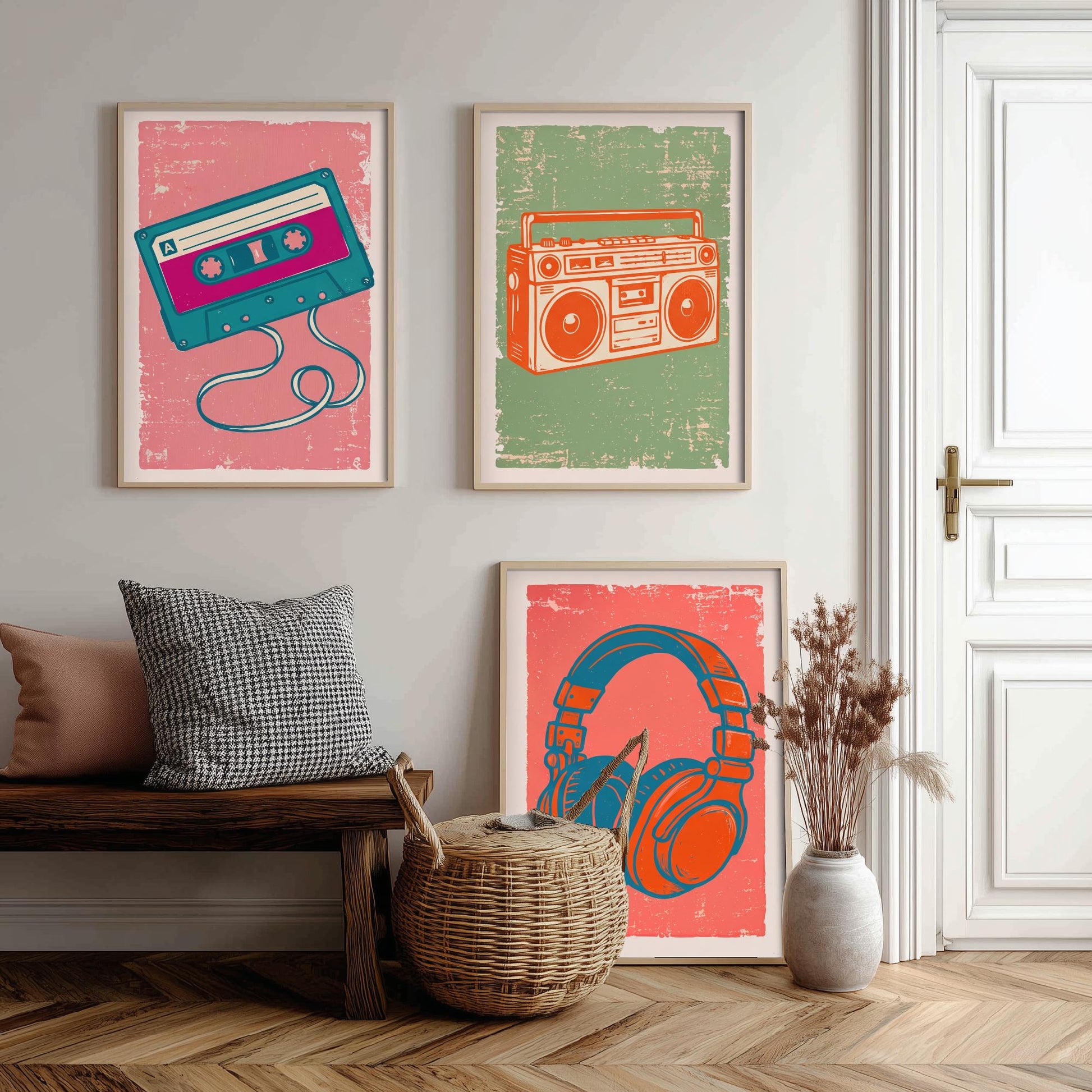 Set of Three Retro Audio Art Prints - Cassette Tape, Boombox & Headphones - Linocut Style Illustrations - Music Posters V2