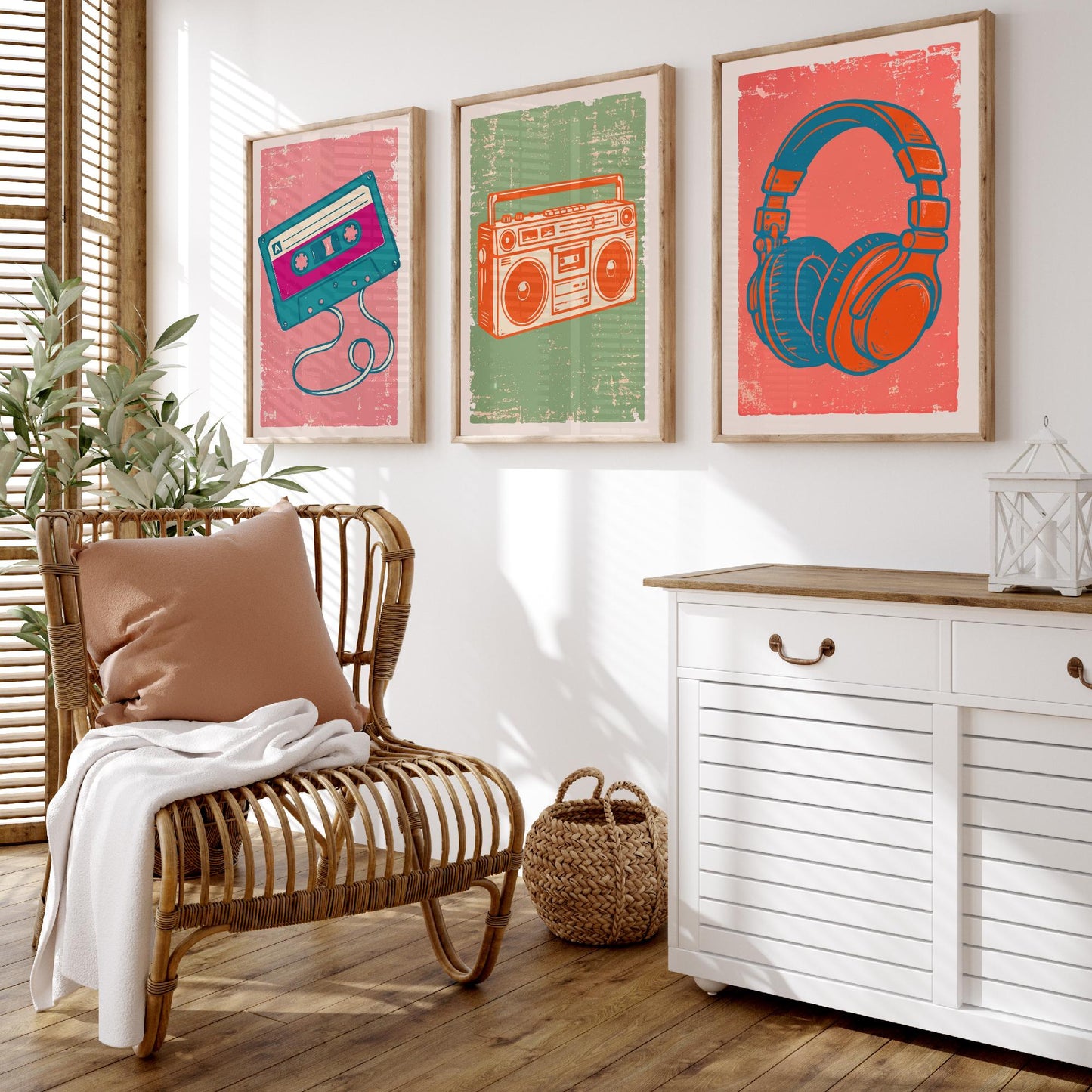 Set of Three Retro Audio Art Prints - Cassette Tape, Boombox & Headphones - Linocut Style Illustrations - Music Posters V2