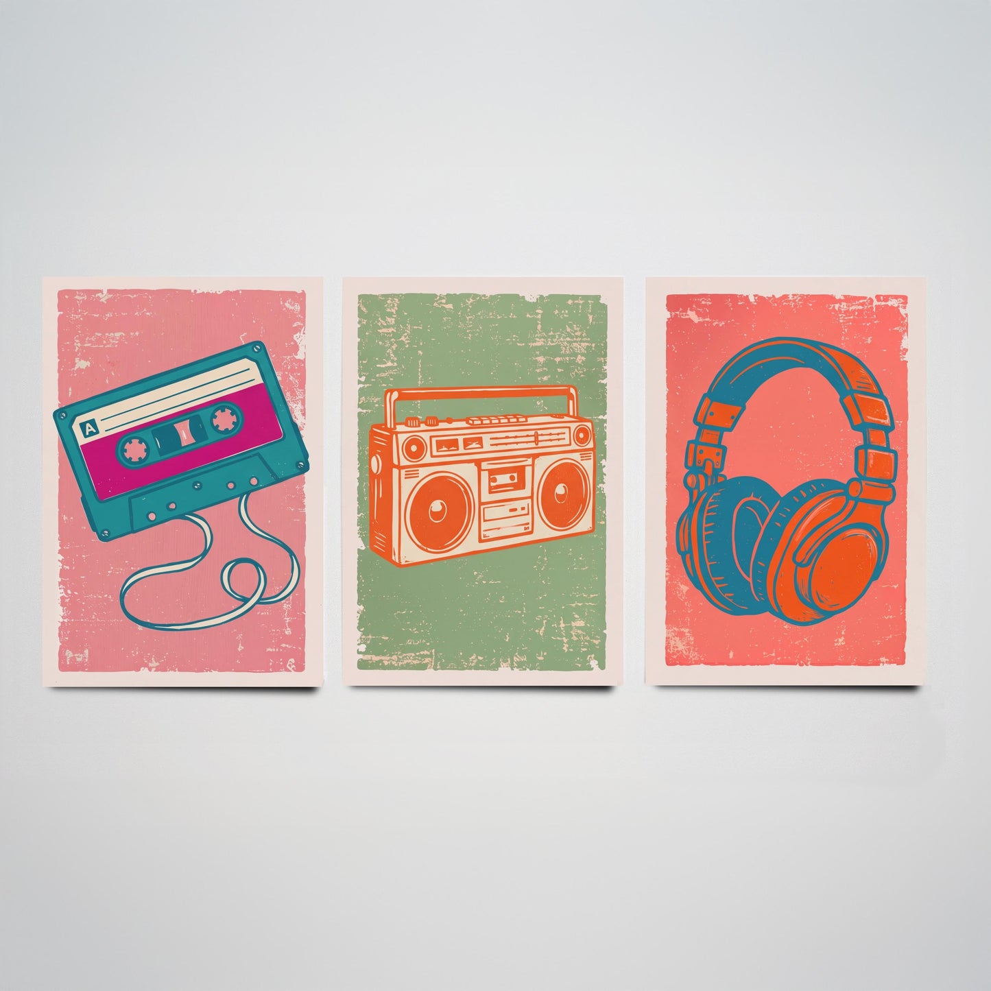 Set of Three Retro Audio Art Prints - Cassette Tape, Boombox & Headphones - Linocut Style Illustrations - Music Posters V2