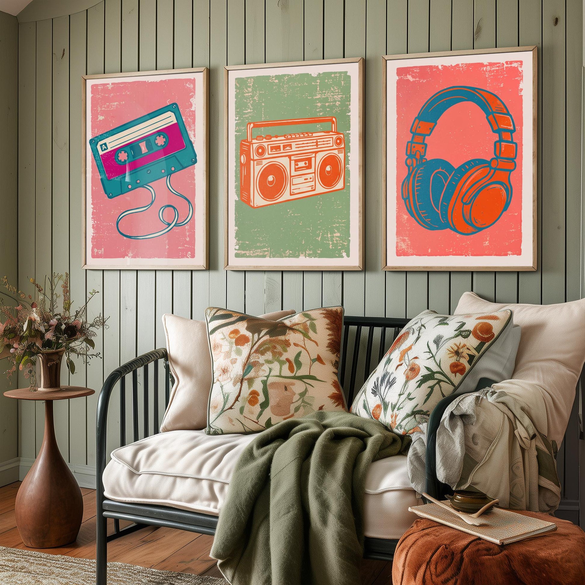 Set of Three Retro Audio Art Prints - Cassette Tape, Boombox & Headphones - Linocut Style Illustrations - Music Posters V2