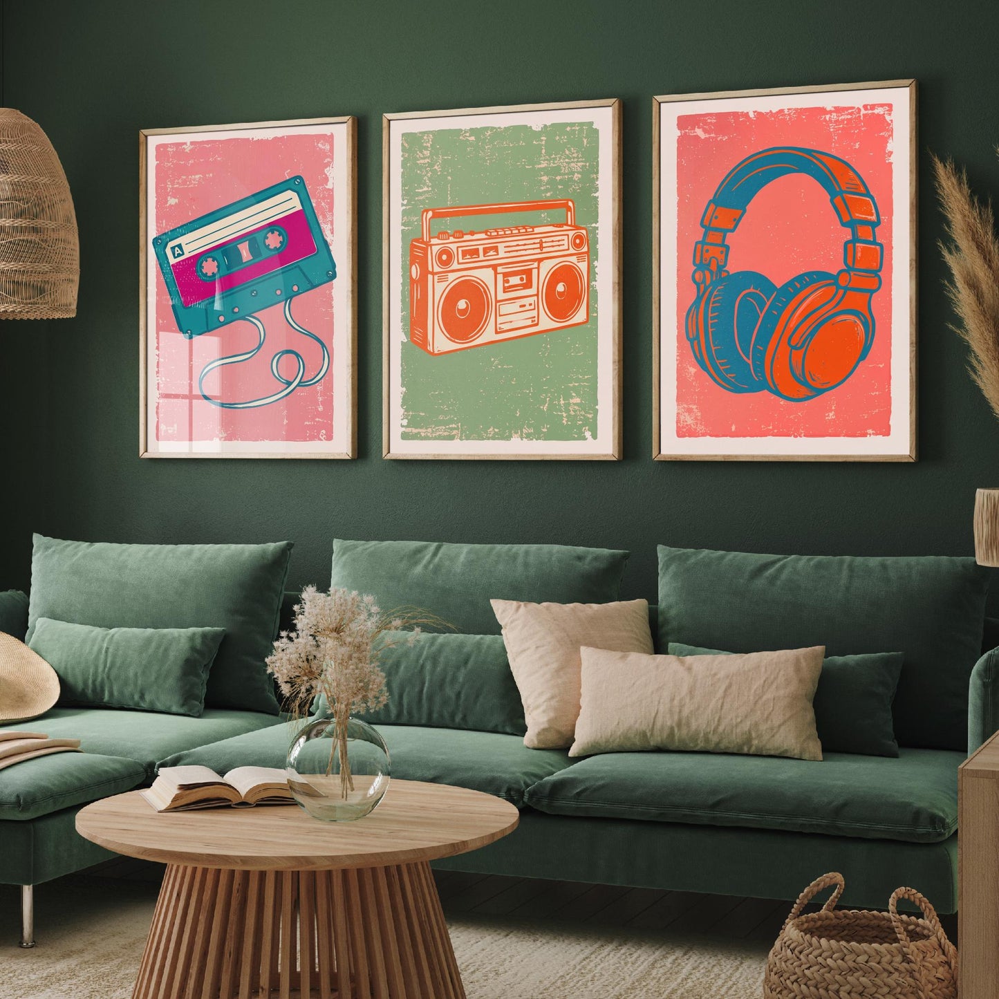 Set of Three Retro Audio Art Prints - Cassette Tape, Boombox & Headphones - Linocut Style Illustrations - Music Posters V2
