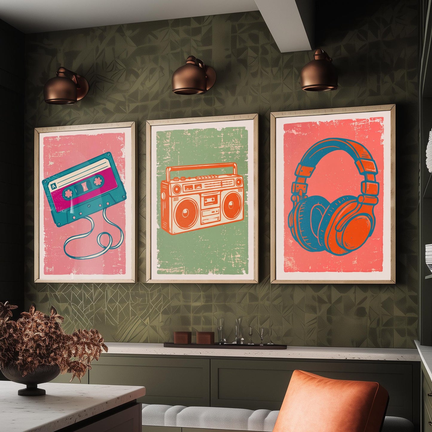 Set of Three Retro Audio Art Prints - Cassette Tape, Boombox & Headphones - Linocut Style Illustrations - Music Posters V2