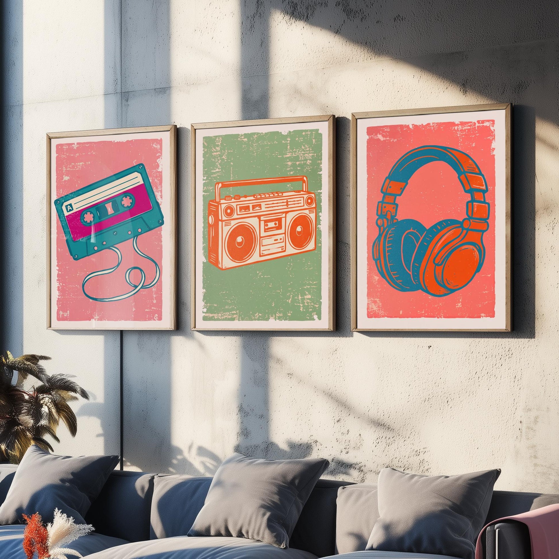 Set of Three Retro Audio Art Prints - Cassette Tape, Boombox & Headphones - Linocut Style Illustrations - Music Posters V2