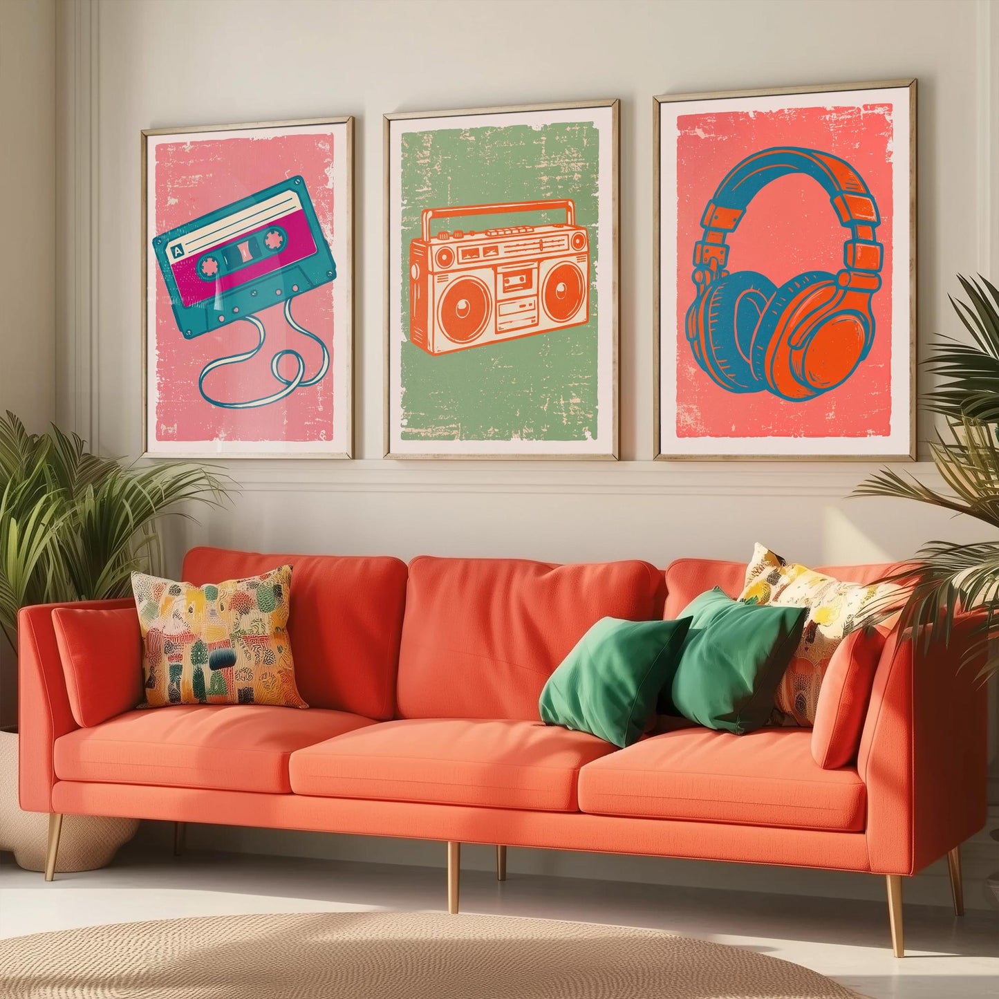 Set of Three Retro Audio Art Prints - Cassette Tape, Boombox & Headphones - Linocut Style Illustrations - Music Posters V2