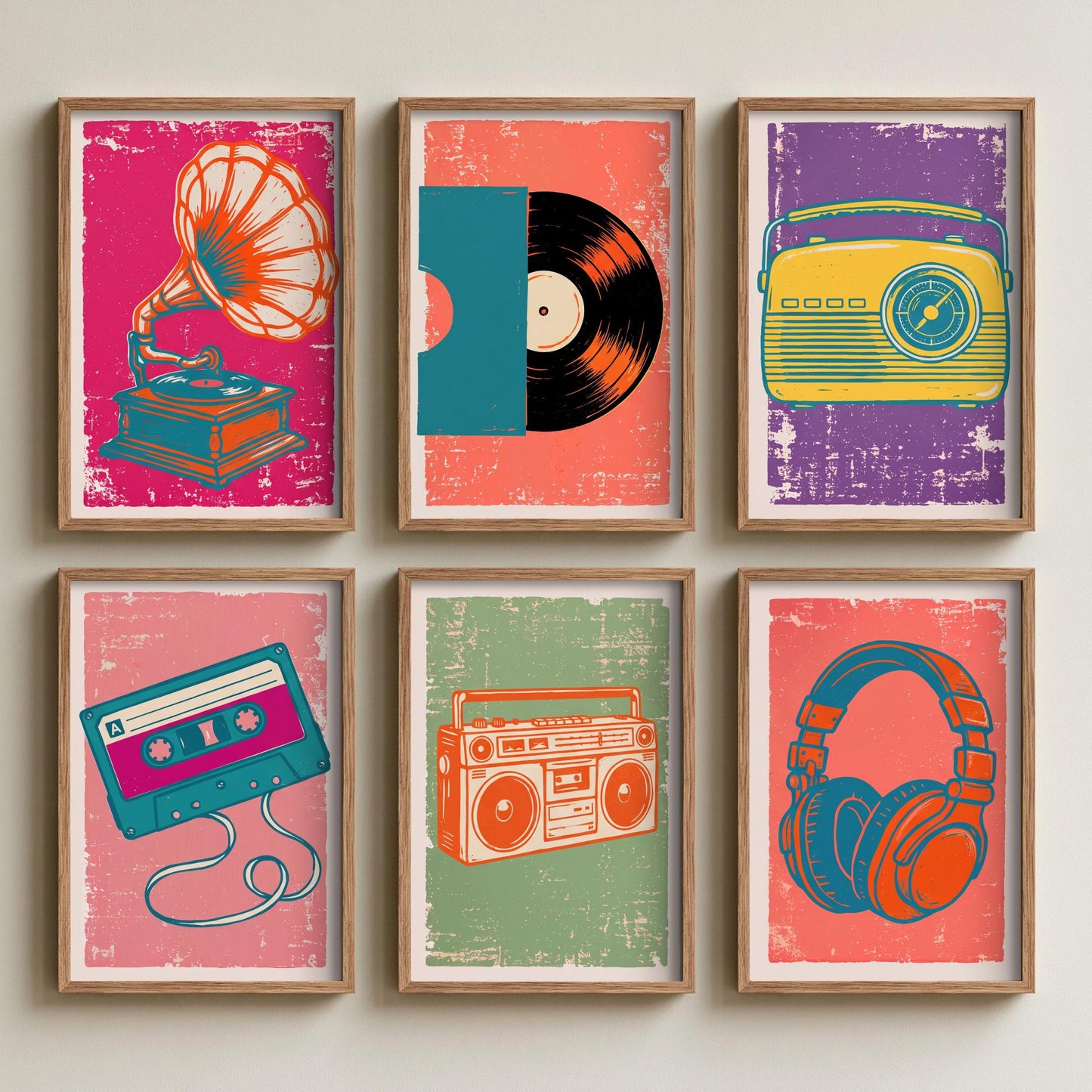 Set of Six Retro Audio Art Prints - 6 Linocut Illustrations - Gramophone, Vinyl Record, Dial Radio, Cassette, Boombox, Headphones - Posters