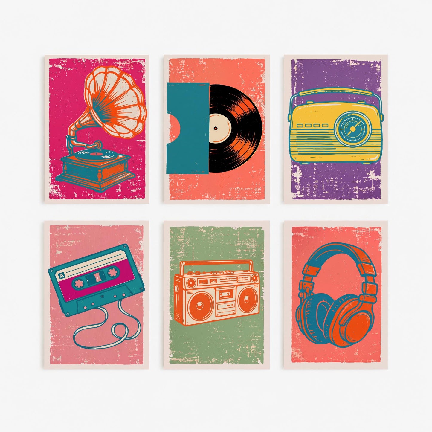 Set of Six Retro Audio Art Prints - 6 Linocut Illustrations - Gramophone, Vinyl Record, Dial Radio, Cassette, Boombox, Headphones - Posters