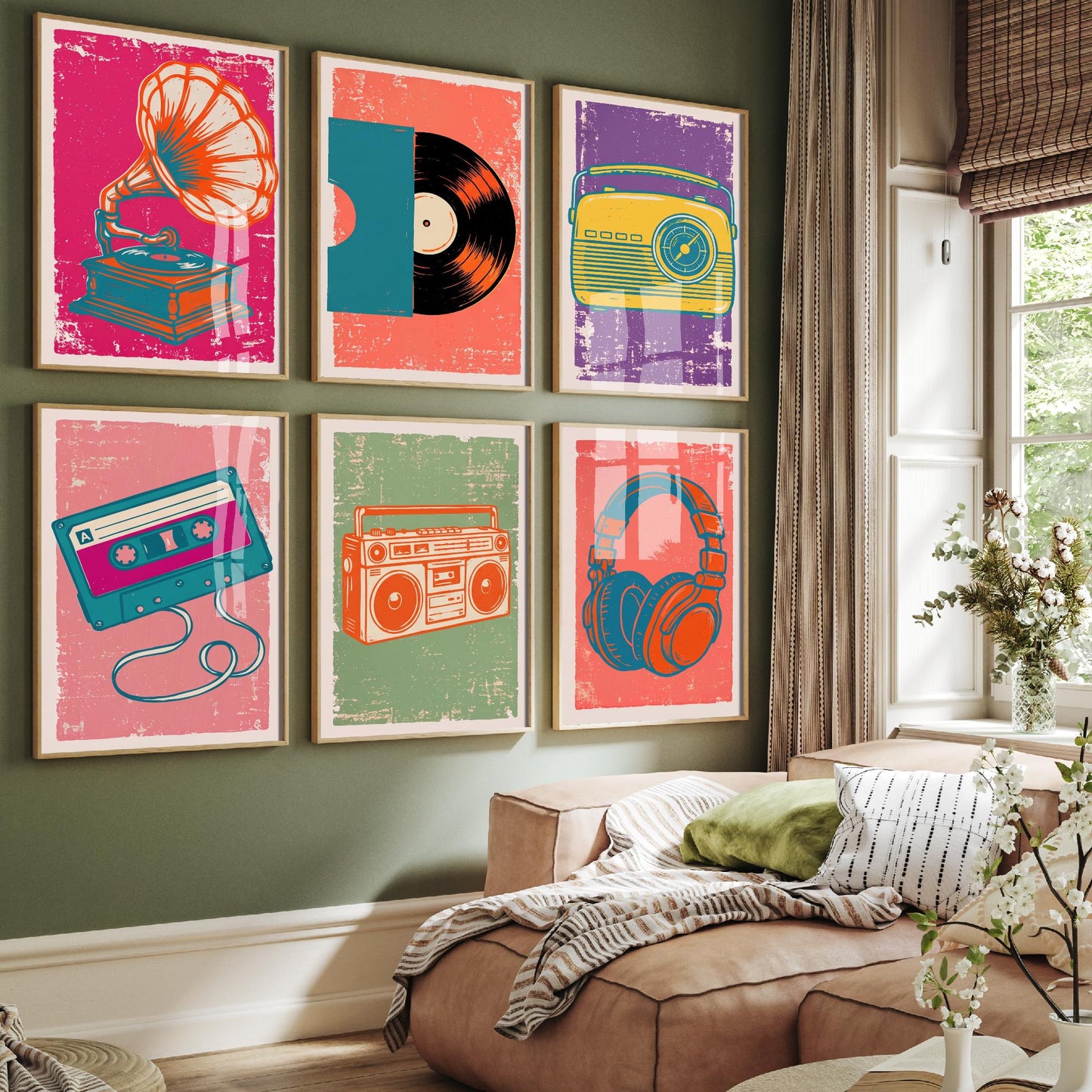 Set of Six Retro Audio Art Prints - 6 Linocut Illustrations - Gramophone, Vinyl Record, Dial Radio, Cassette, Boombox, Headphones - Posters