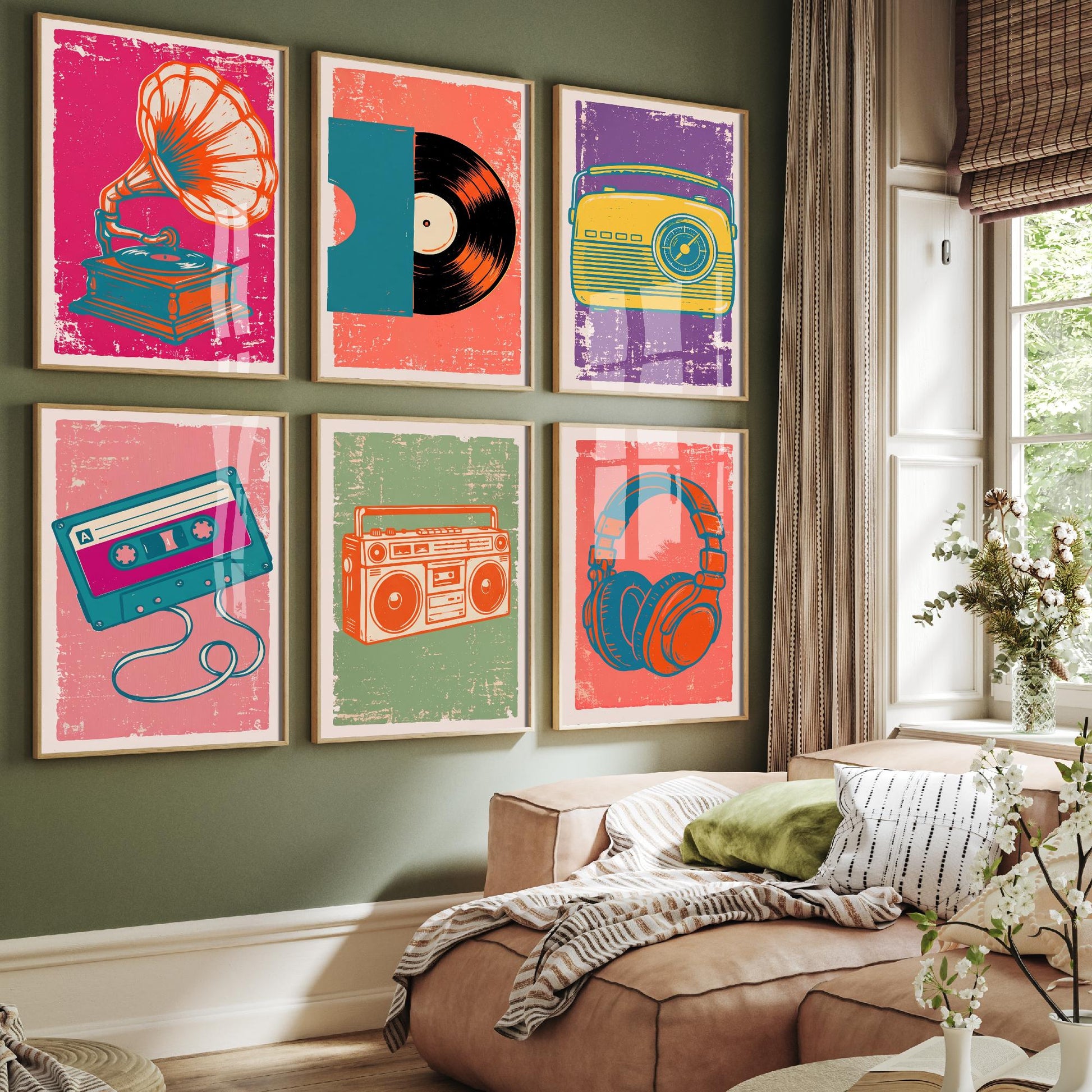 Set of Six Retro Audio Art Prints - 6 Linocut Illustrations - Gramophone, Vinyl Record, Dial Radio, Cassette, Boombox, Headphones - Posters