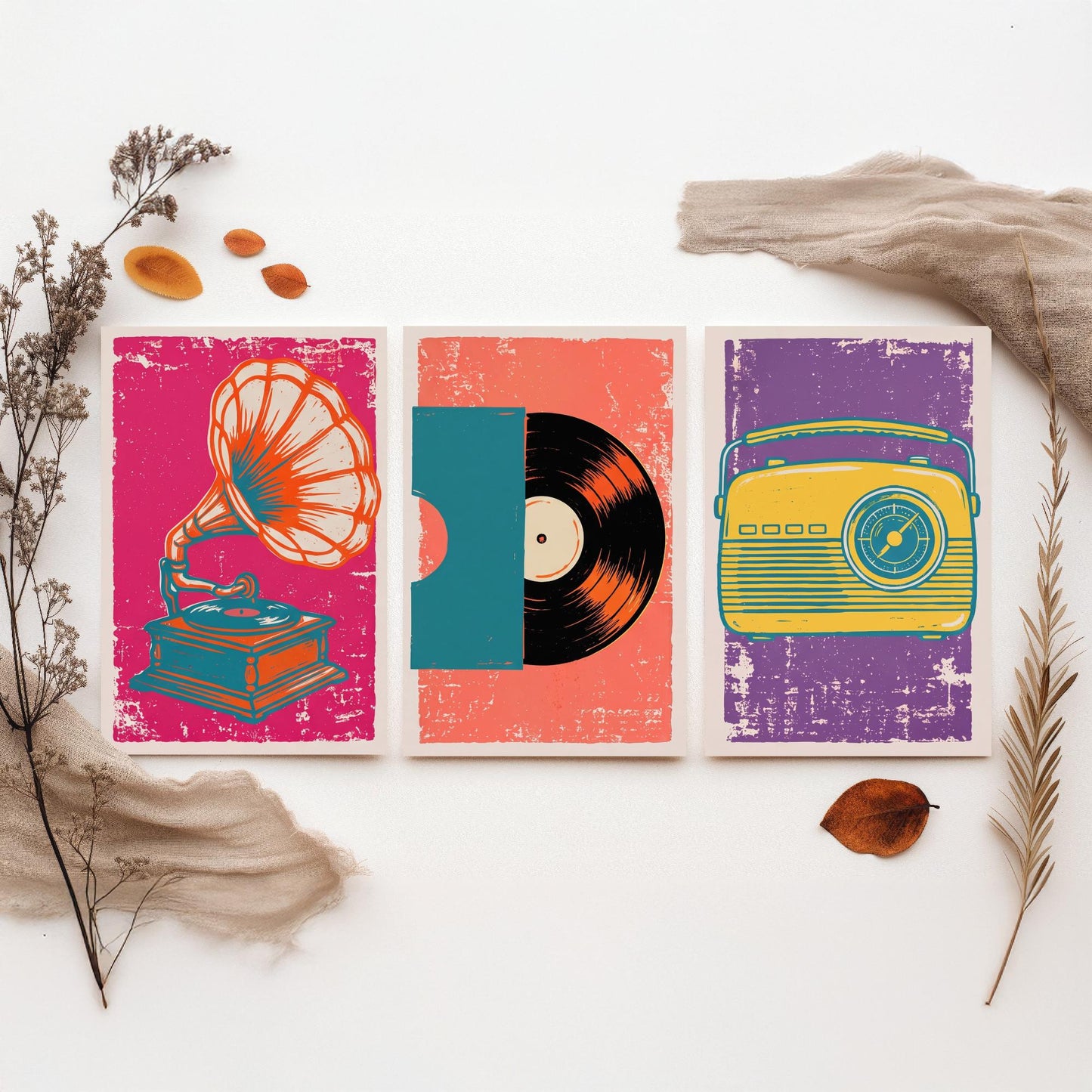 Set of Three Retro Audio Art Prints - Gramophone, Vinyl Record & Dial Radio - Linocut Style Illustrations - Music Posters V1