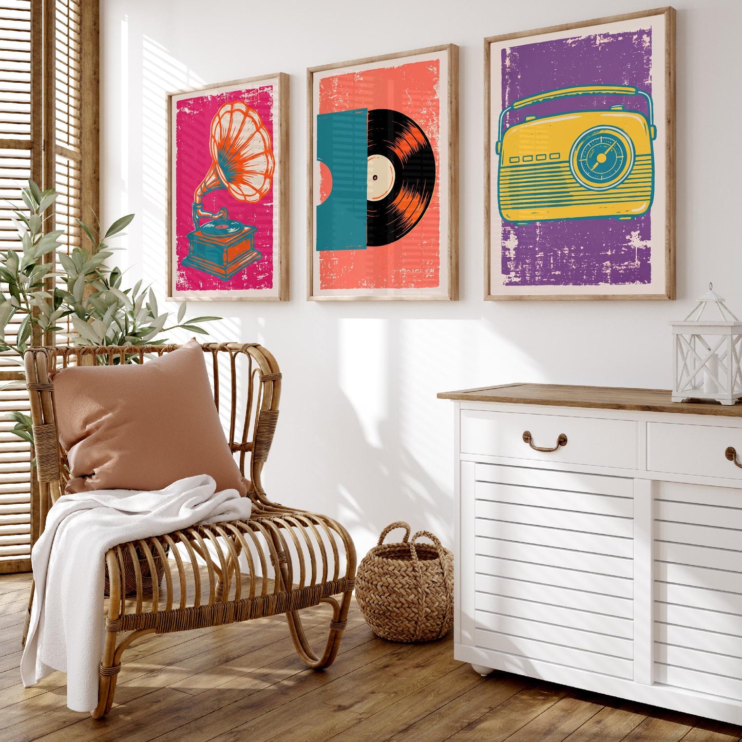 Set of Three Retro Audio Art Prints - Gramophone, Vinyl Record & Dial Radio - Linocut Style Illustrations - Music Posters V1