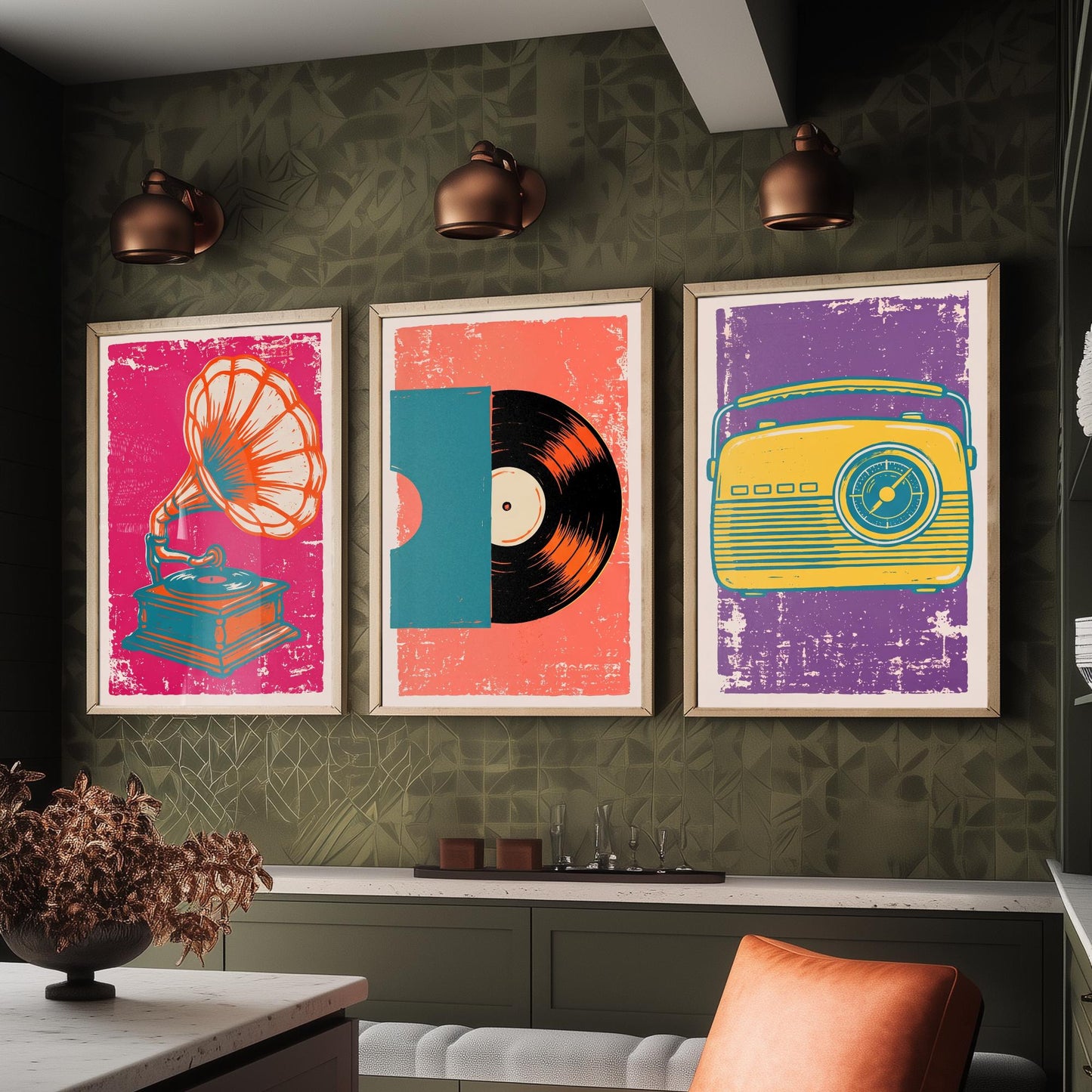Set of Three Retro Audio Art Prints - Gramophone, Vinyl Record & Dial Radio - Linocut Style Illustrations - Music Posters V1