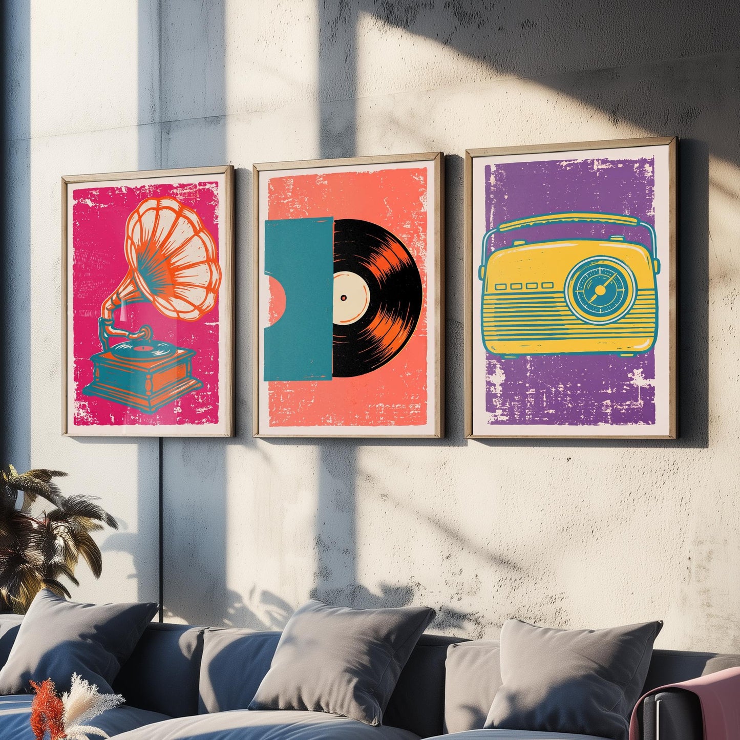 Set of Three Retro Audio Art Prints - Gramophone, Vinyl Record & Dial Radio - Linocut Style Illustrations - Music Posters V1