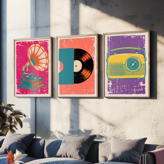 Set of Three Retro Audio Art Prints - Gramophone, Vinyl Record & Dial Radio - Linocut Style Illustrations - Music Posters V1