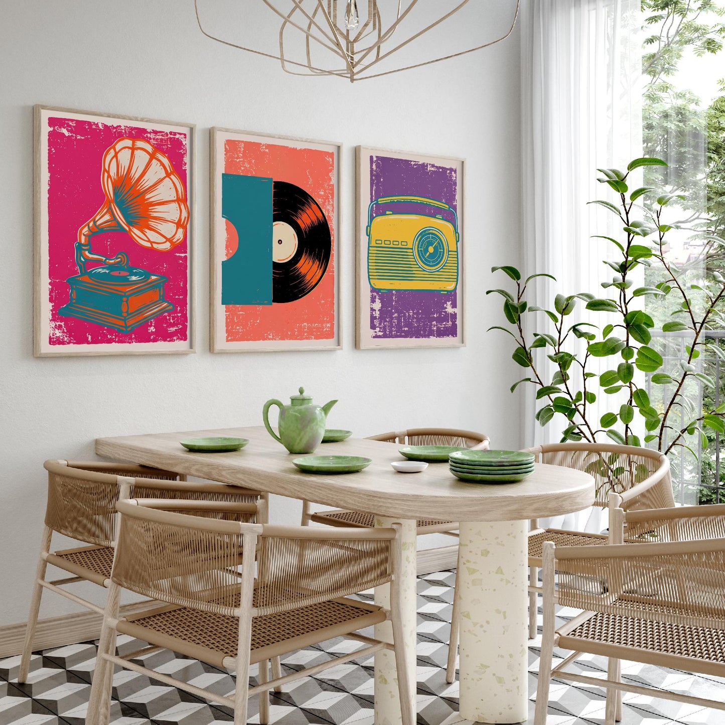 Set of Three Retro Audio Art Prints - Gramophone, Vinyl Record & Dial Radio - Linocut Style Illustrations - Music Posters V1