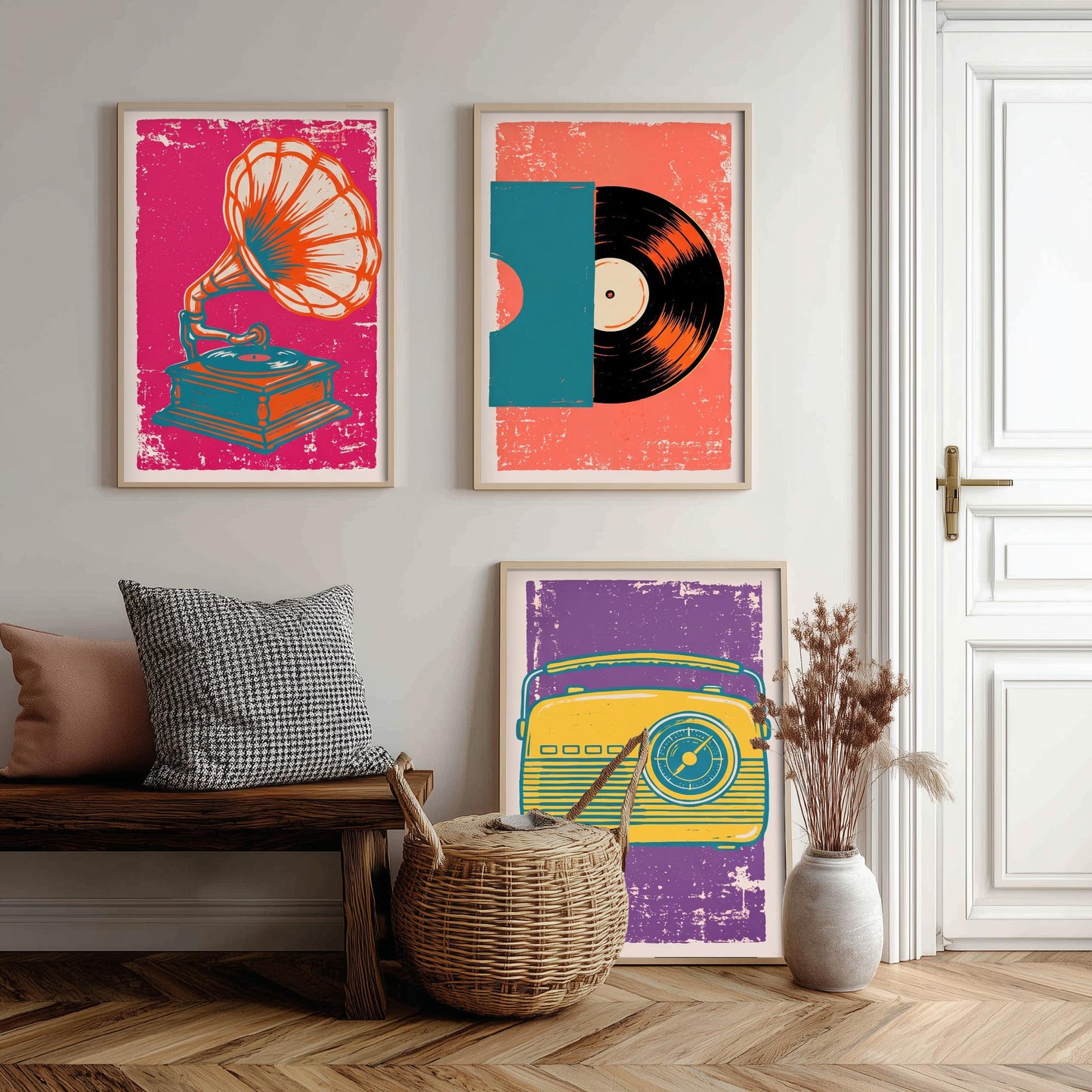 Set of Three Retro Audio Art Prints - Gramophone, Vinyl Record & Dial Radio - Linocut Style Illustrations - Music Posters V1