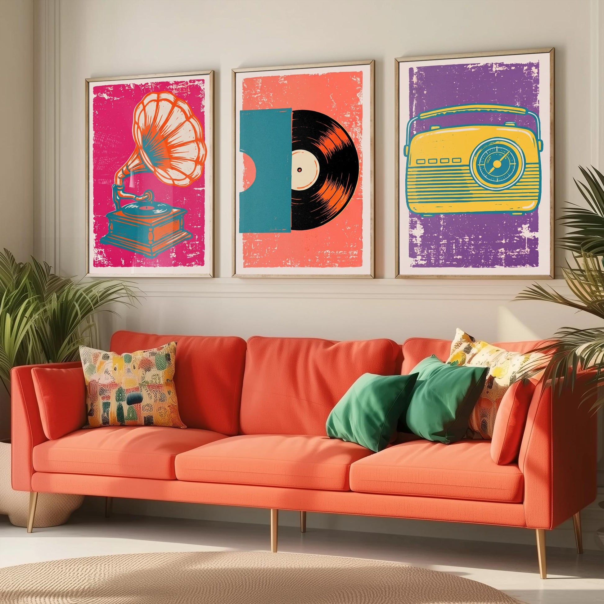 Set of Three Retro Audio Art Prints - Gramophone, Vinyl Record & Dial Radio - Linocut Style Illustrations - Music Posters V1