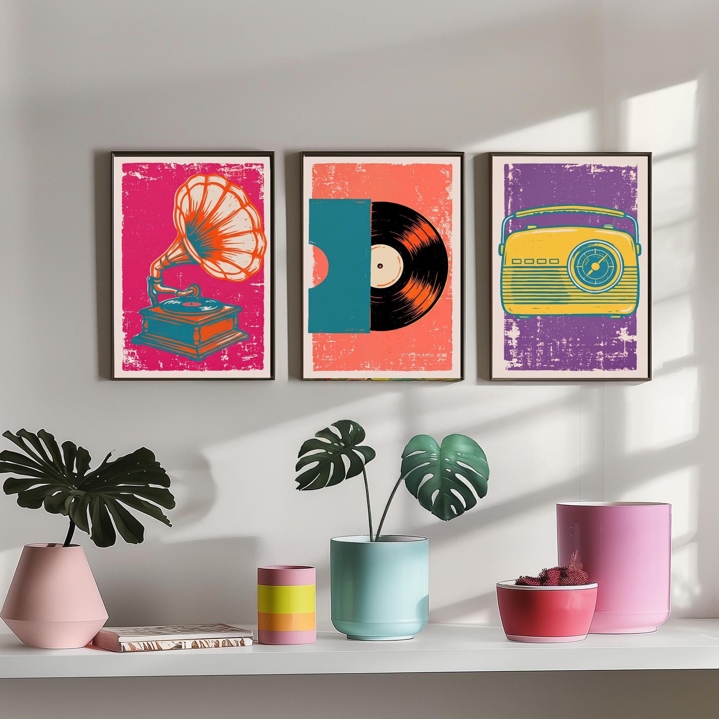 Set of Three Retro Audio Art Prints - Gramophone, Vinyl Record & Dial Radio - Linocut Style Illustrations - Music Posters V1