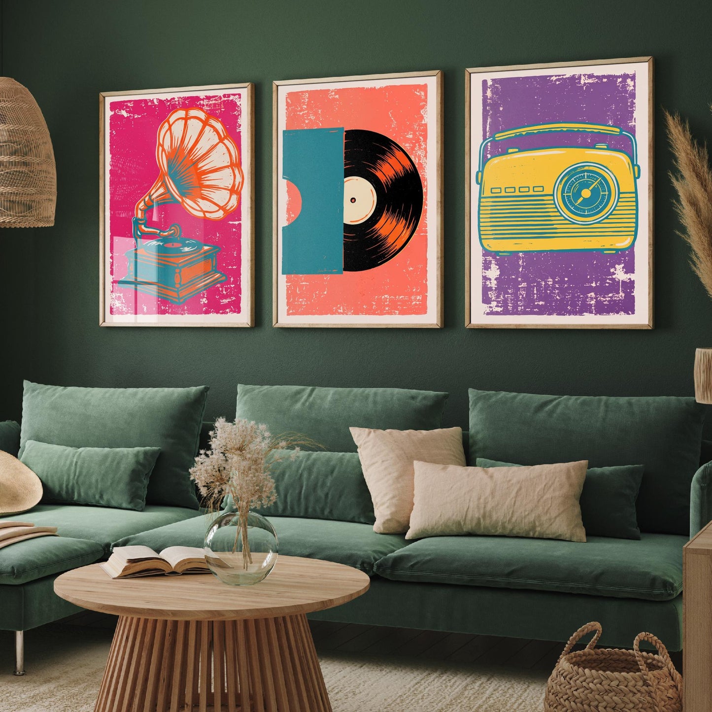 Set of Three Retro Audio Art Prints - Gramophone, Vinyl Record & Dial Radio - Linocut Style Illustrations - Music Posters V1