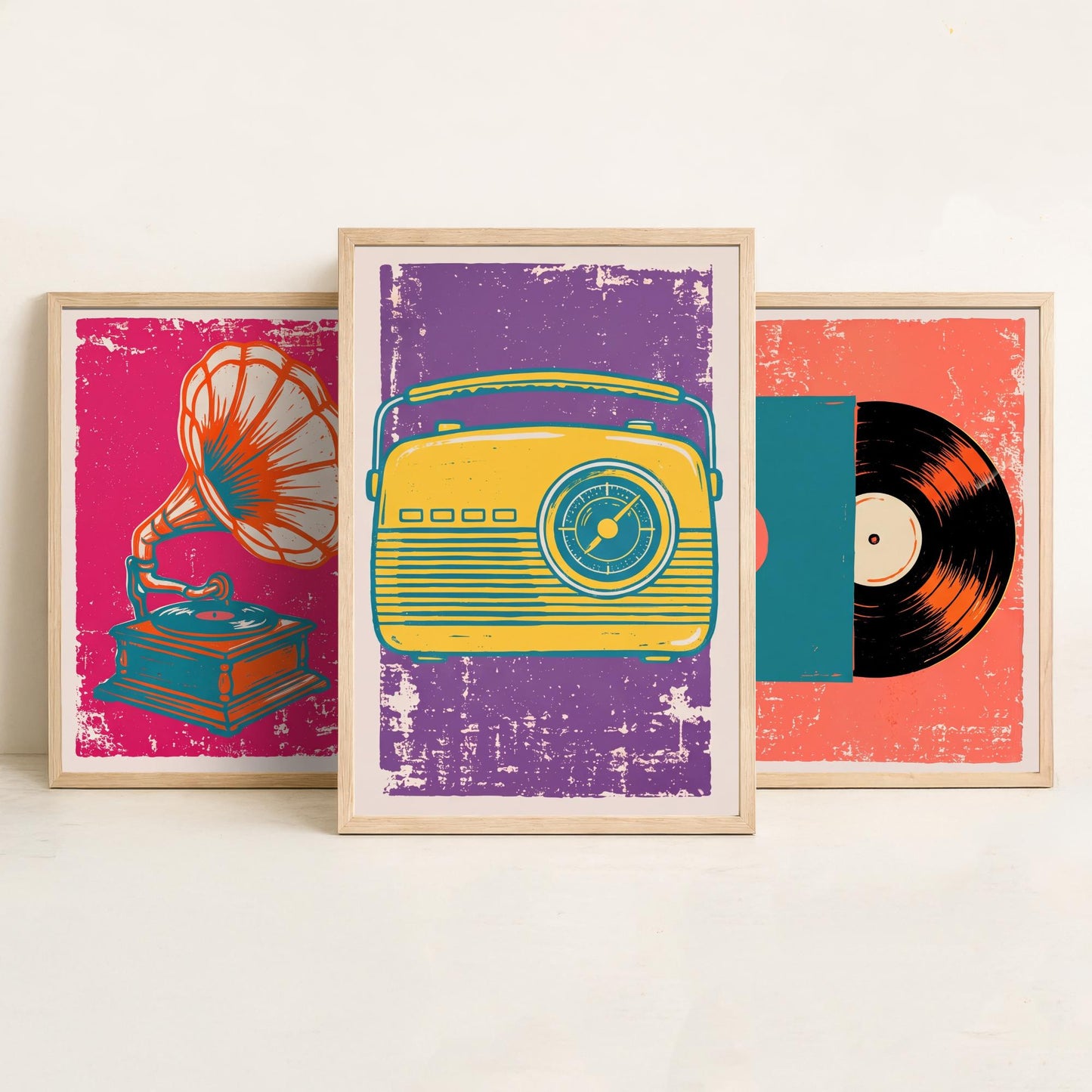 Set of Three Retro Audio Art Prints - Gramophone, Vinyl Record & Dial Radio - Linocut Style Illustrations - Music Posters V1
