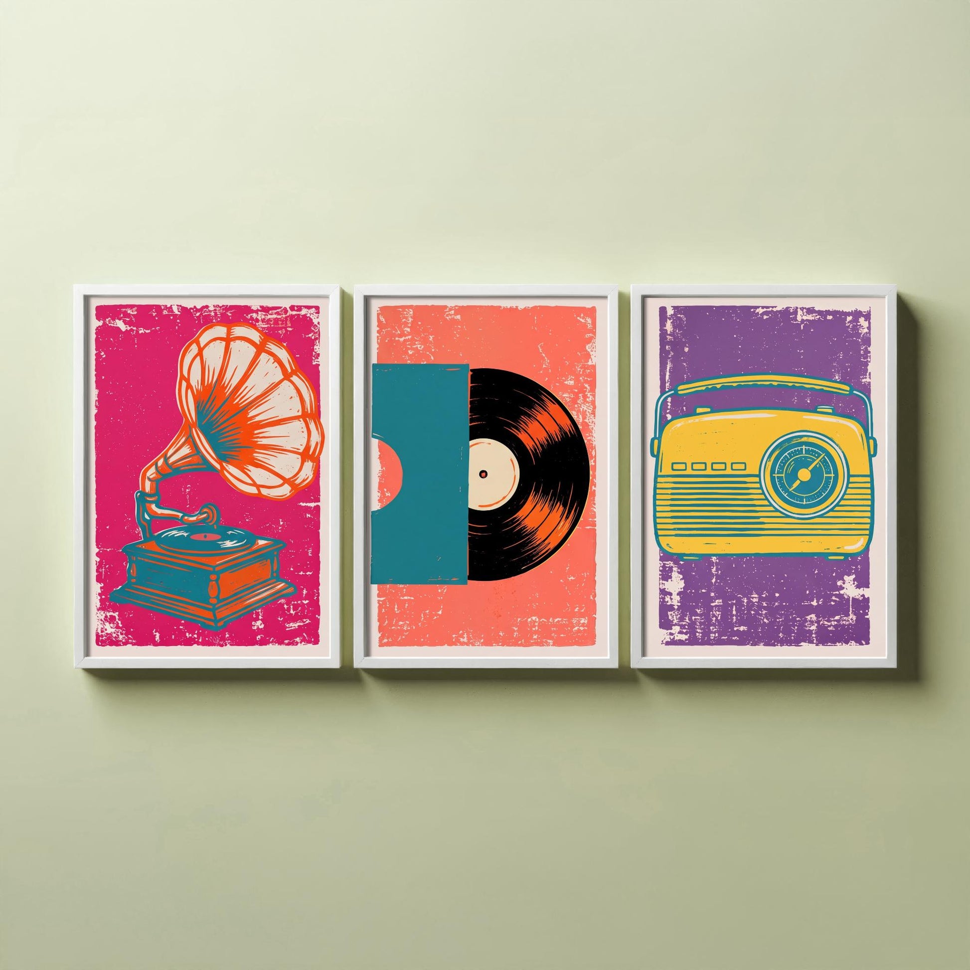 Set of Three Retro Audio Art Prints - Gramophone, Vinyl Record & Dial Radio - Linocut Style Illustrations - Music Posters V1