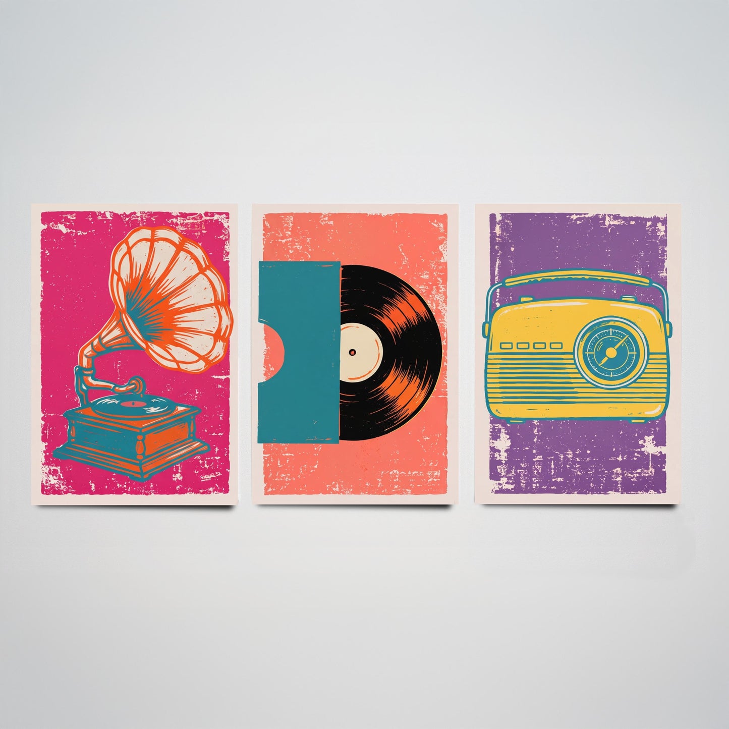 Set of Three Retro Audio Art Prints - Gramophone, Vinyl Record & Dial Radio - Linocut Style Illustrations - Music Posters V1