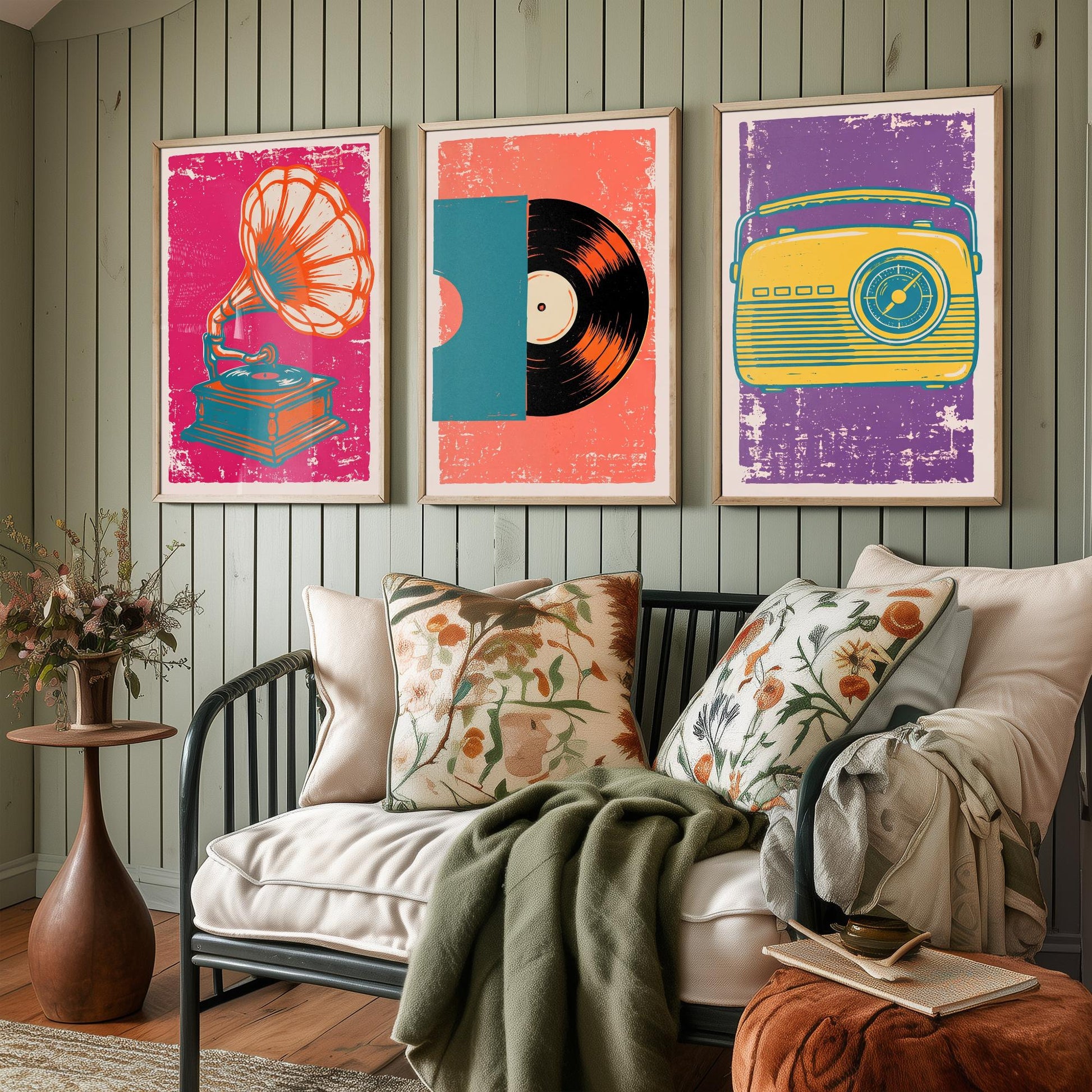 Set of Three Retro Audio Art Prints - Gramophone, Vinyl Record & Dial Radio - Linocut Style Illustrations - Music Posters V1