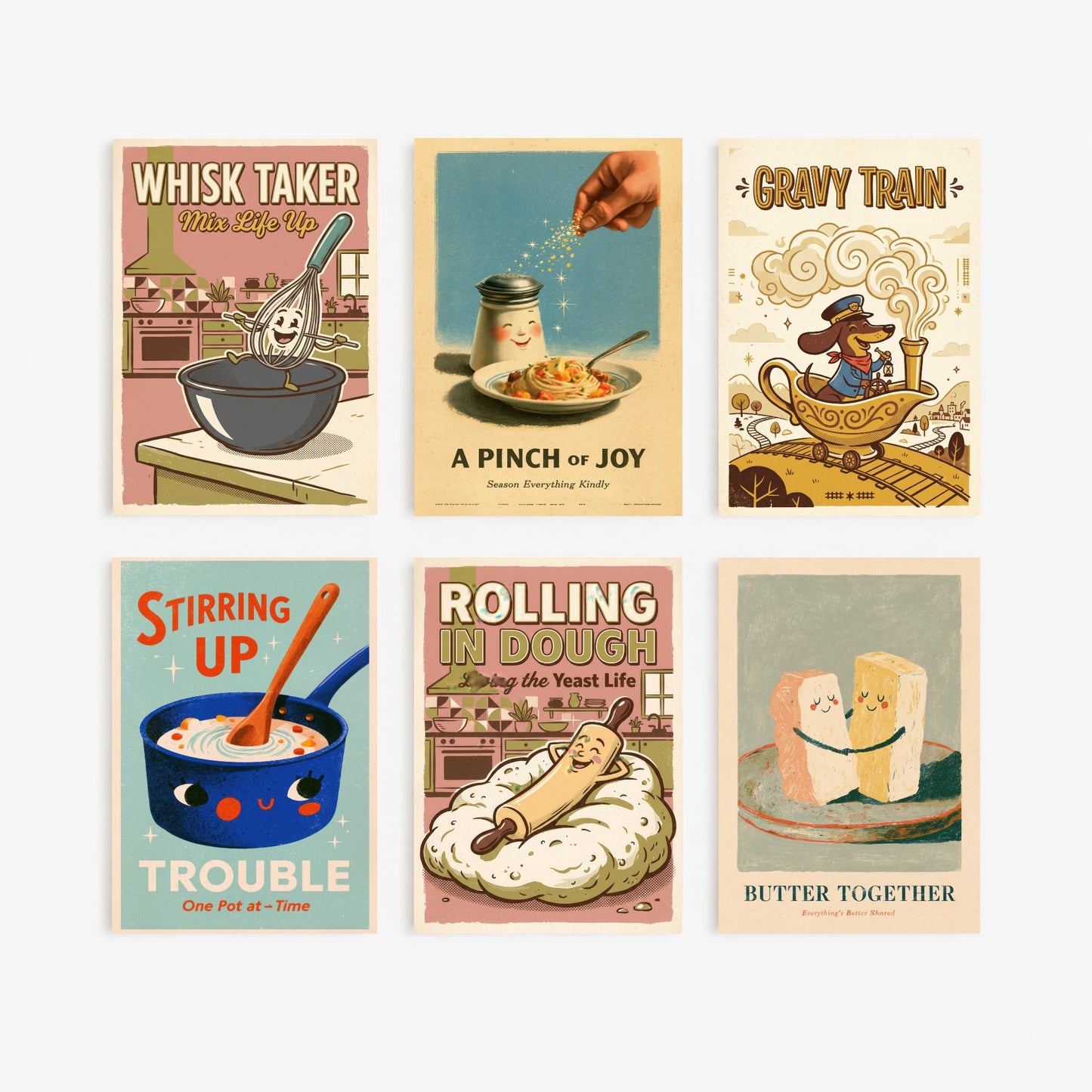 Set of Six Retro Kitchen Art Prints - Whisk Taker, Gravy Train, Rolling in Dough, Butter Together - Funny Pun Posters Illustration