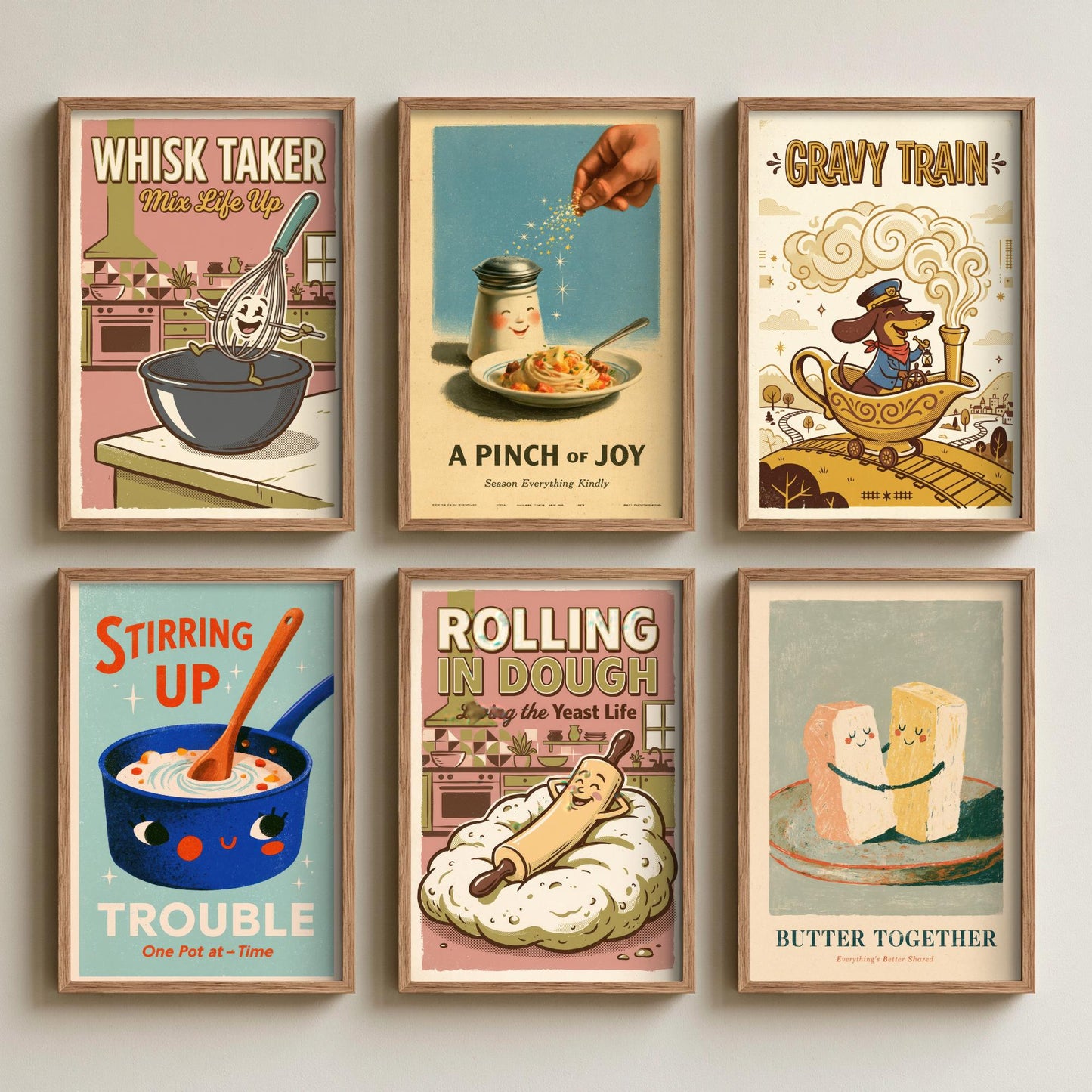 Set of Six Retro Kitchen Art Prints - Whisk Taker, Gravy Train, Rolling in Dough, Butter Together - Funny Pun Posters Illustration